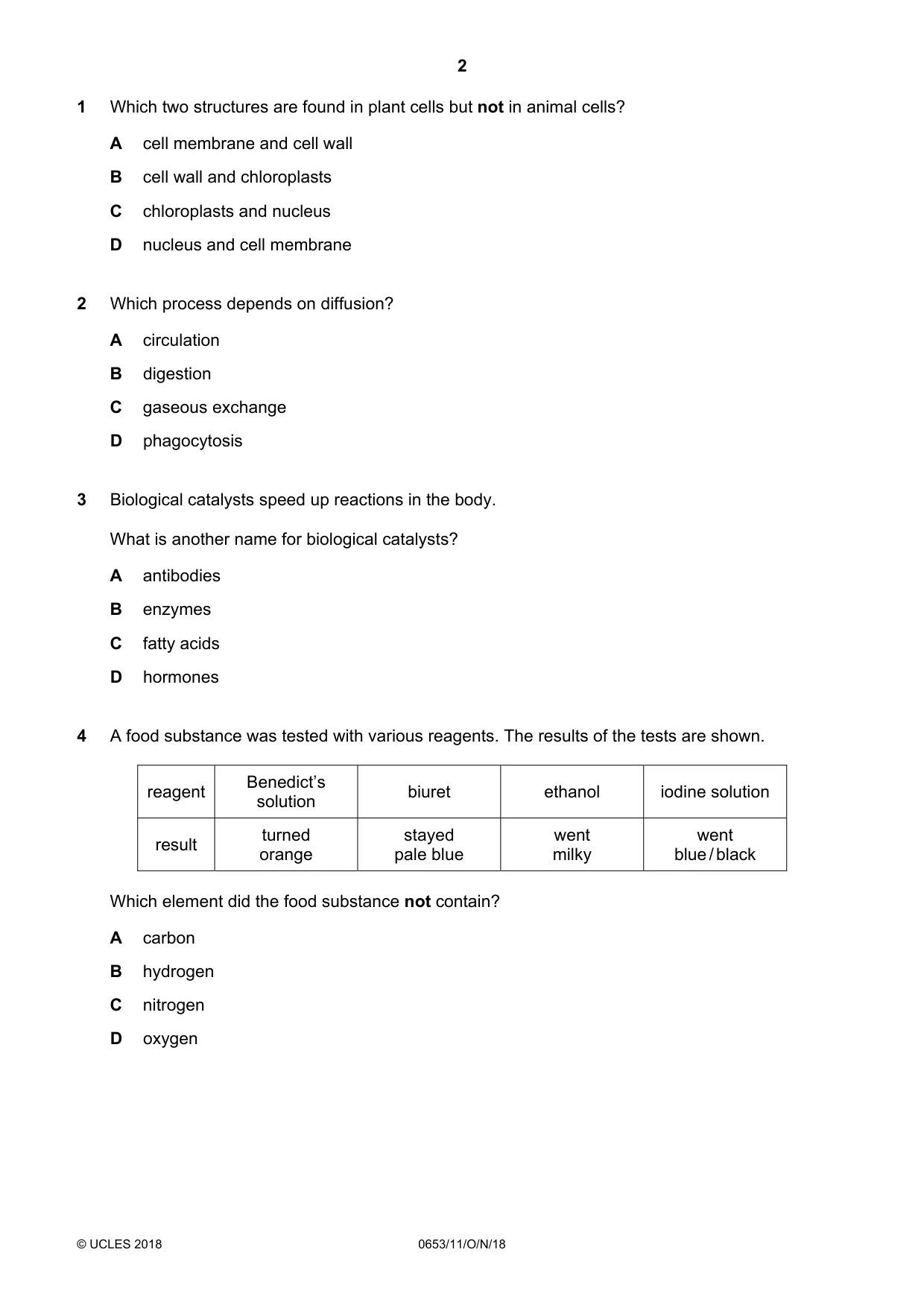 Cambridge IGCSE Science - Combined 0653 2018 Oct/Nov Paper 1 · Variant 1 question paper, page 2 of 20
