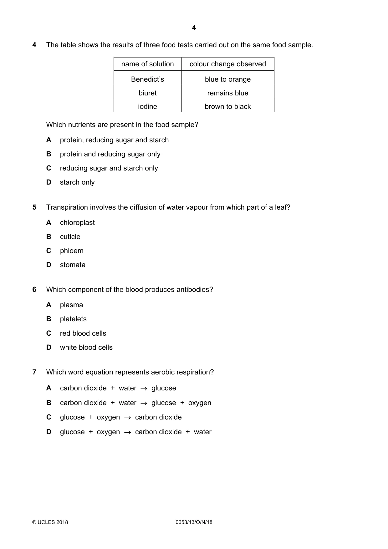 Cambridge IGCSE Science - Combined 0653 2018 Oct/Nov Paper 1 · Variant 3 question paper, page 4 of 20