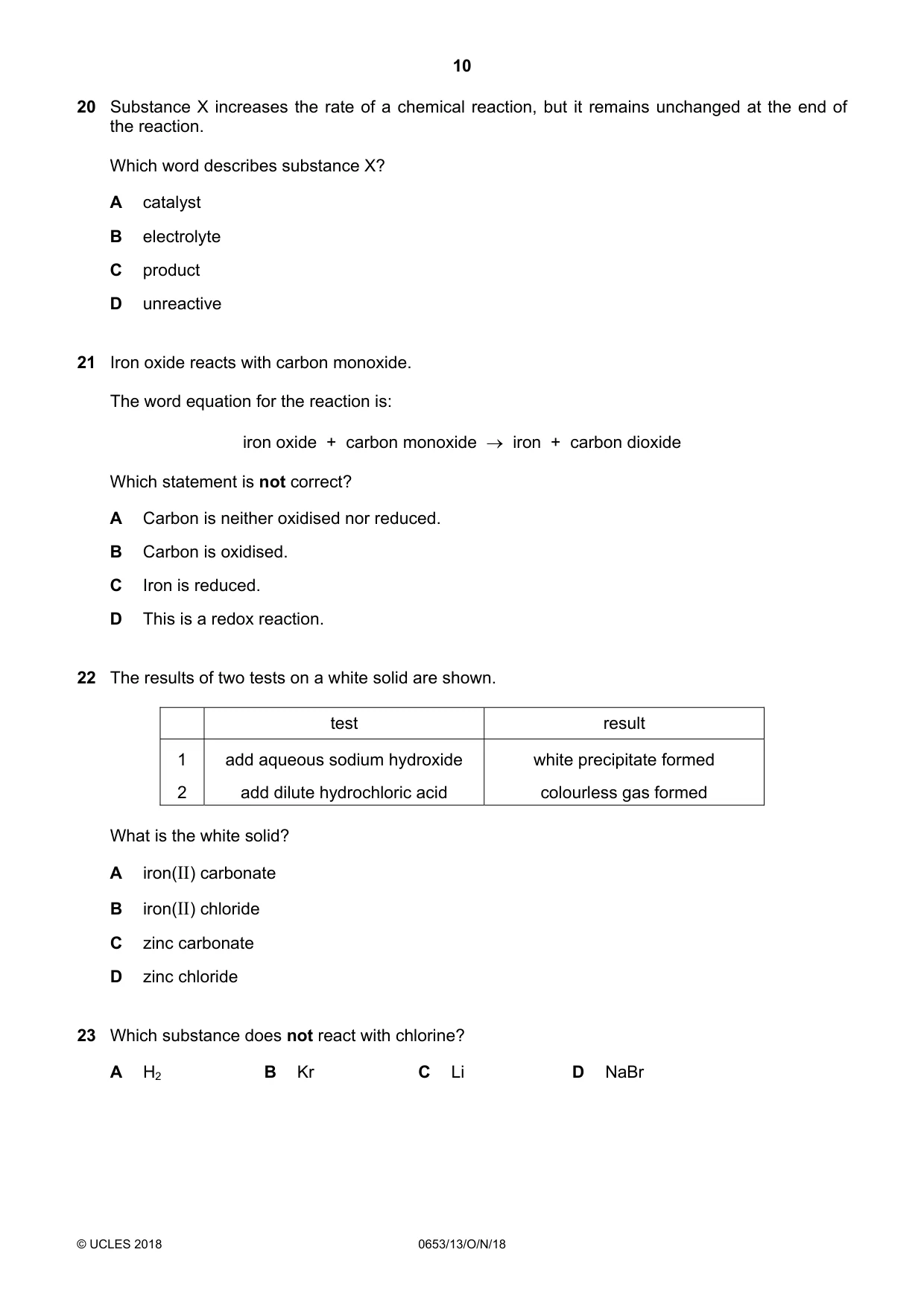 Cambridge IGCSE Science - Combined 0653 2018 Oct/Nov Paper 1 · Variant 3 question paper, page 10 of 20