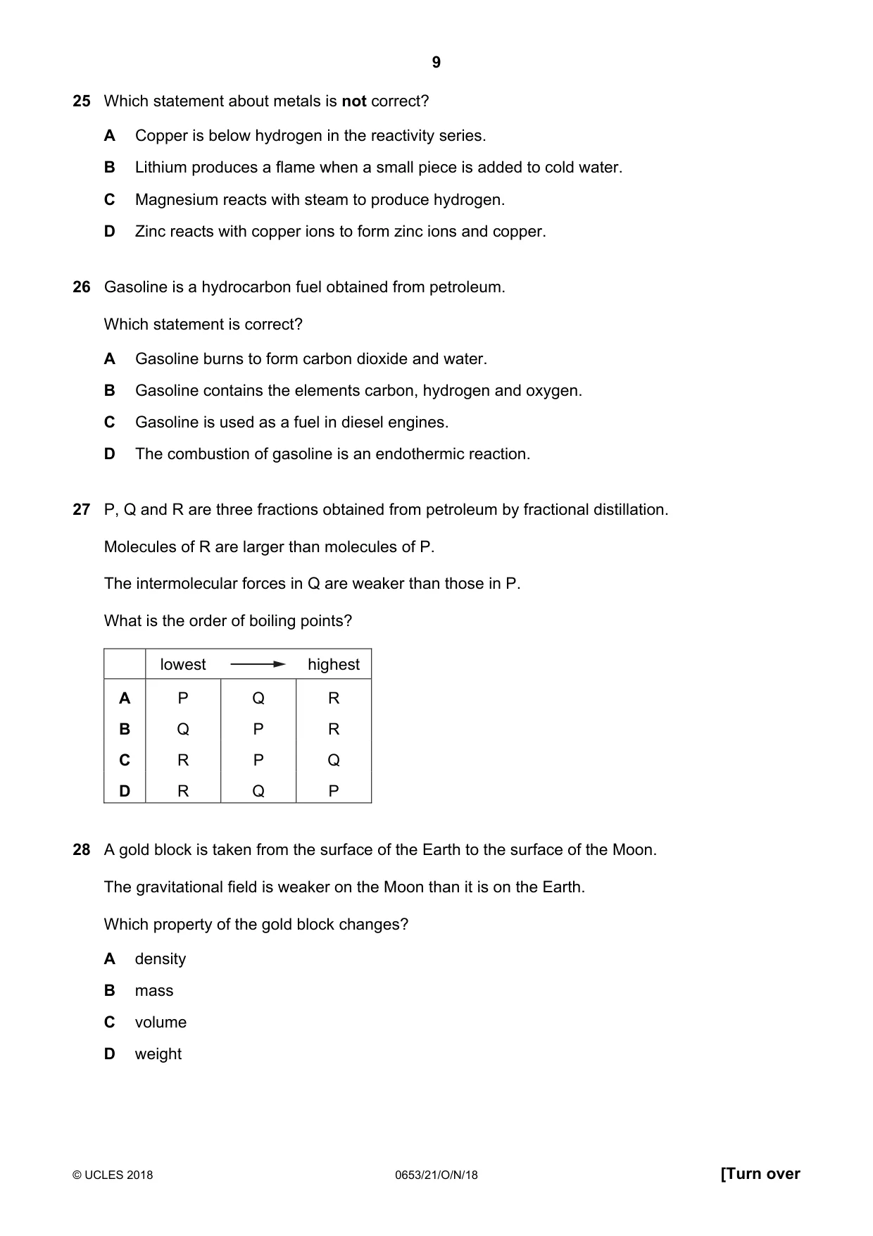 Cambridge IGCSE Science - Combined 0653 2018 Oct/Nov Paper 2 · Variant 1 question paper, page 9 of 16