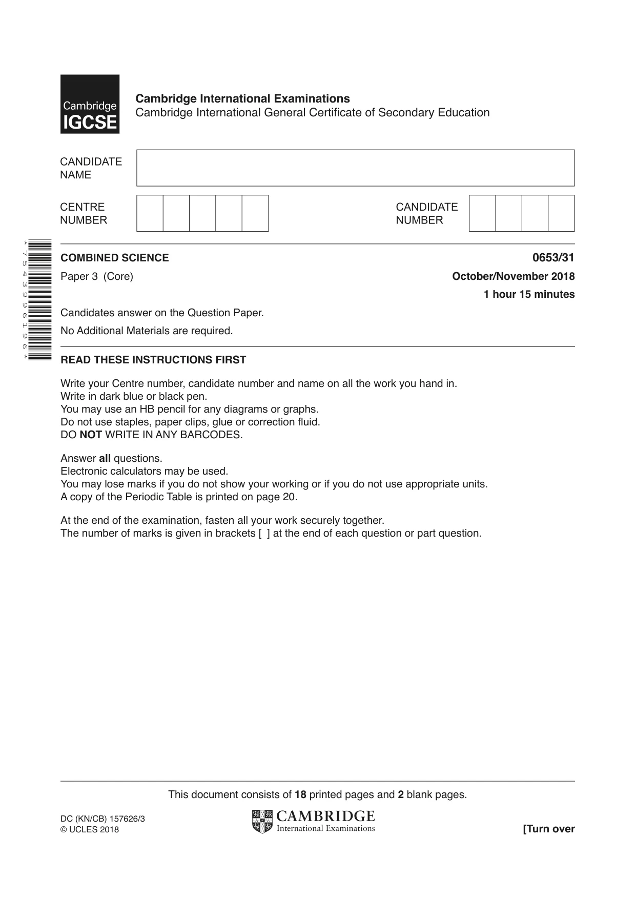 Cambridge IGCSE Science - Combined 0653 2018 Oct/Nov Paper 3 · Variant 1 question paper, page 1 of 20