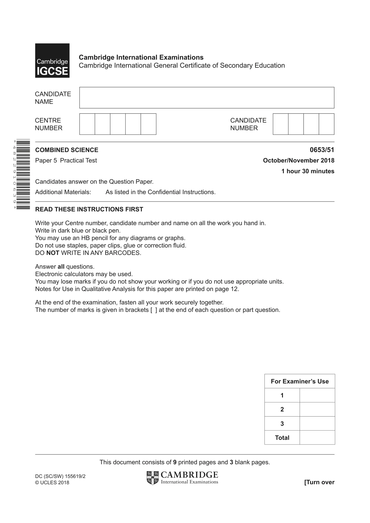Cambridge IGCSE Science - Combined 0653 2018 Oct/Nov Paper 5 · Variant 1 question paper, page 1 of 12