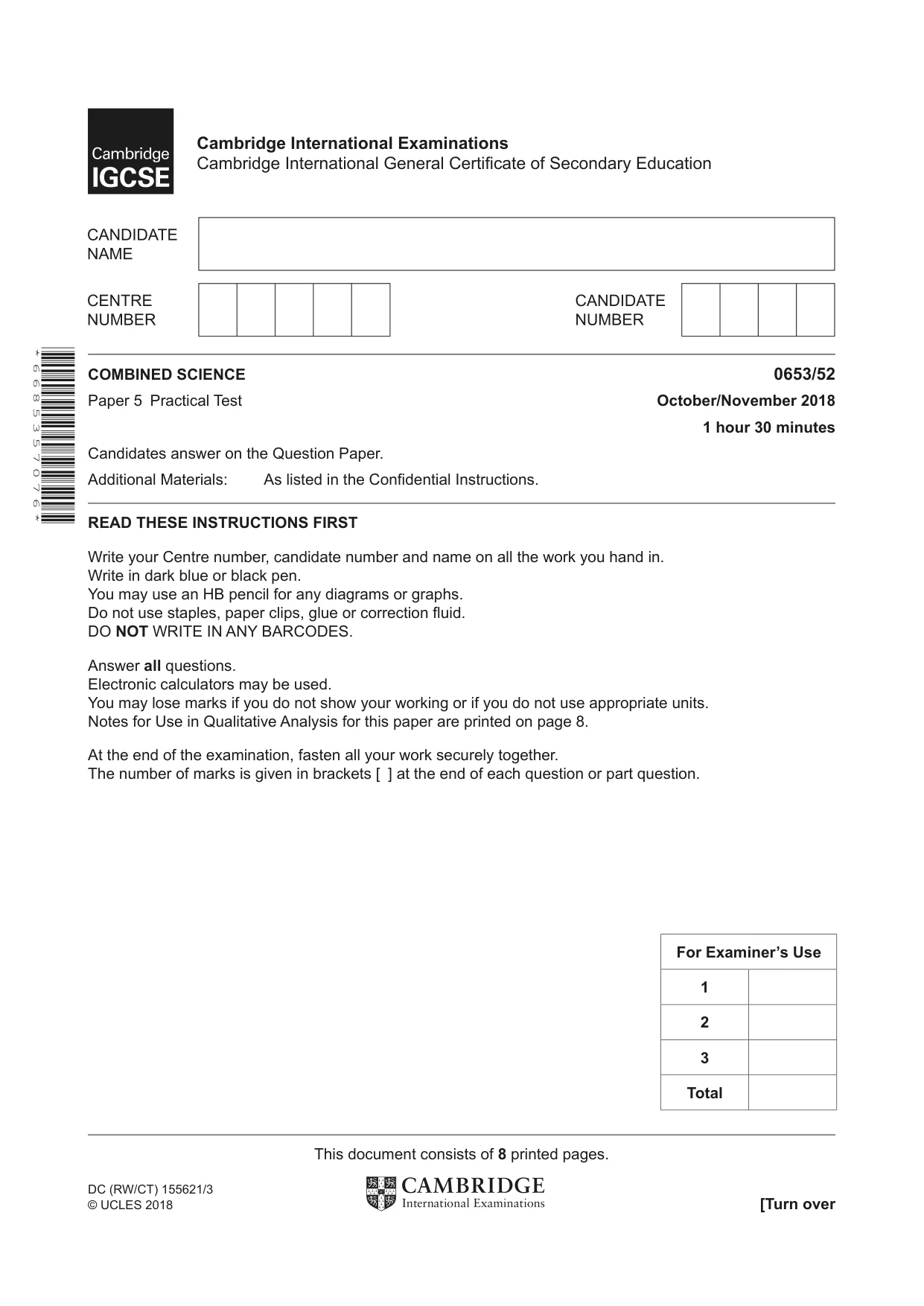 Cambridge IGCSE Science - Combined 0653 2018 Oct/Nov Paper 5 · Variant 2 question paper, page 1 of 8