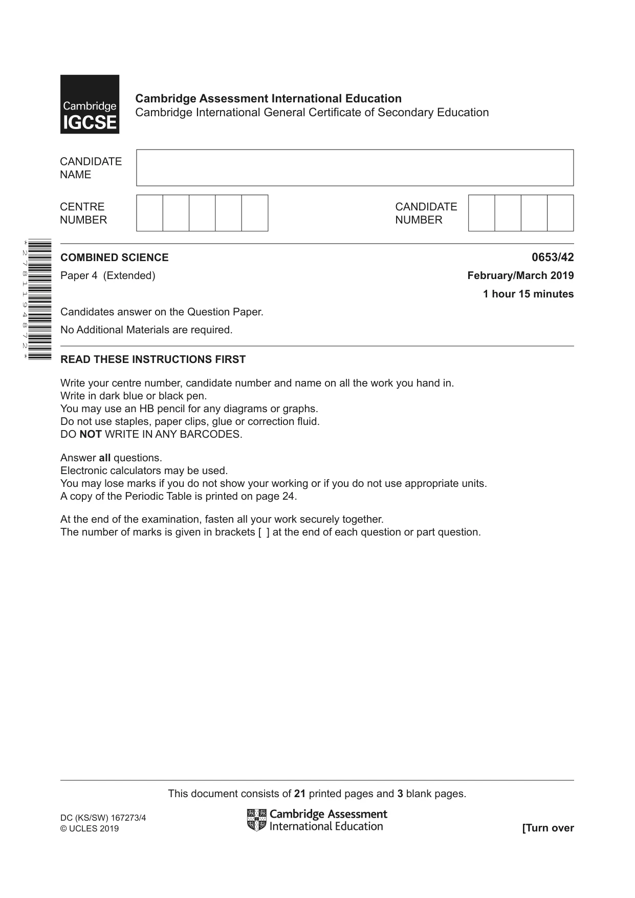 Cambridge IGCSE Science - Combined 0653 2019 Feb/March Paper 4 · Variant 2 question paper, page 1 of 24