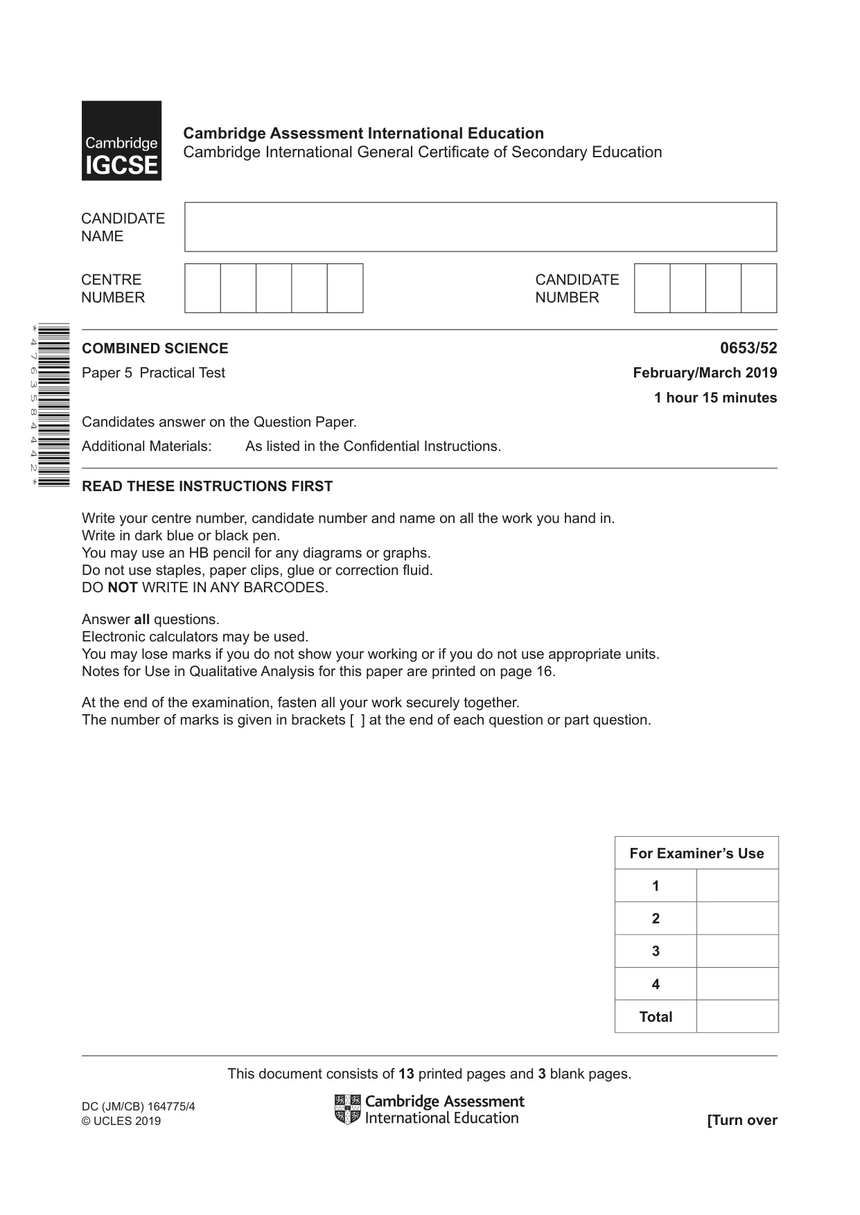 Cambridge IGCSE Science - Combined 0653 2019 Feb/March Paper 5 · Variant 2 question paper, page 1 of 16