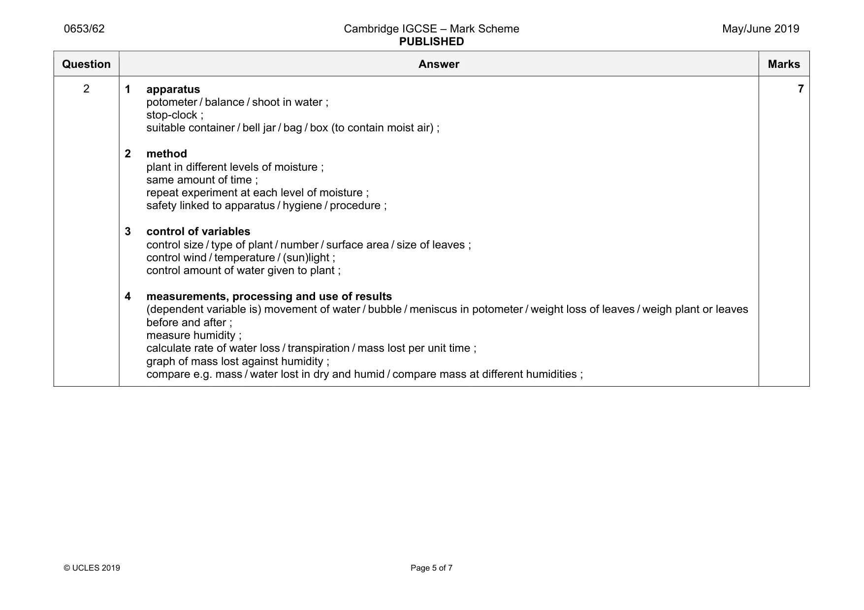 Mark scheme, page 5 of 7