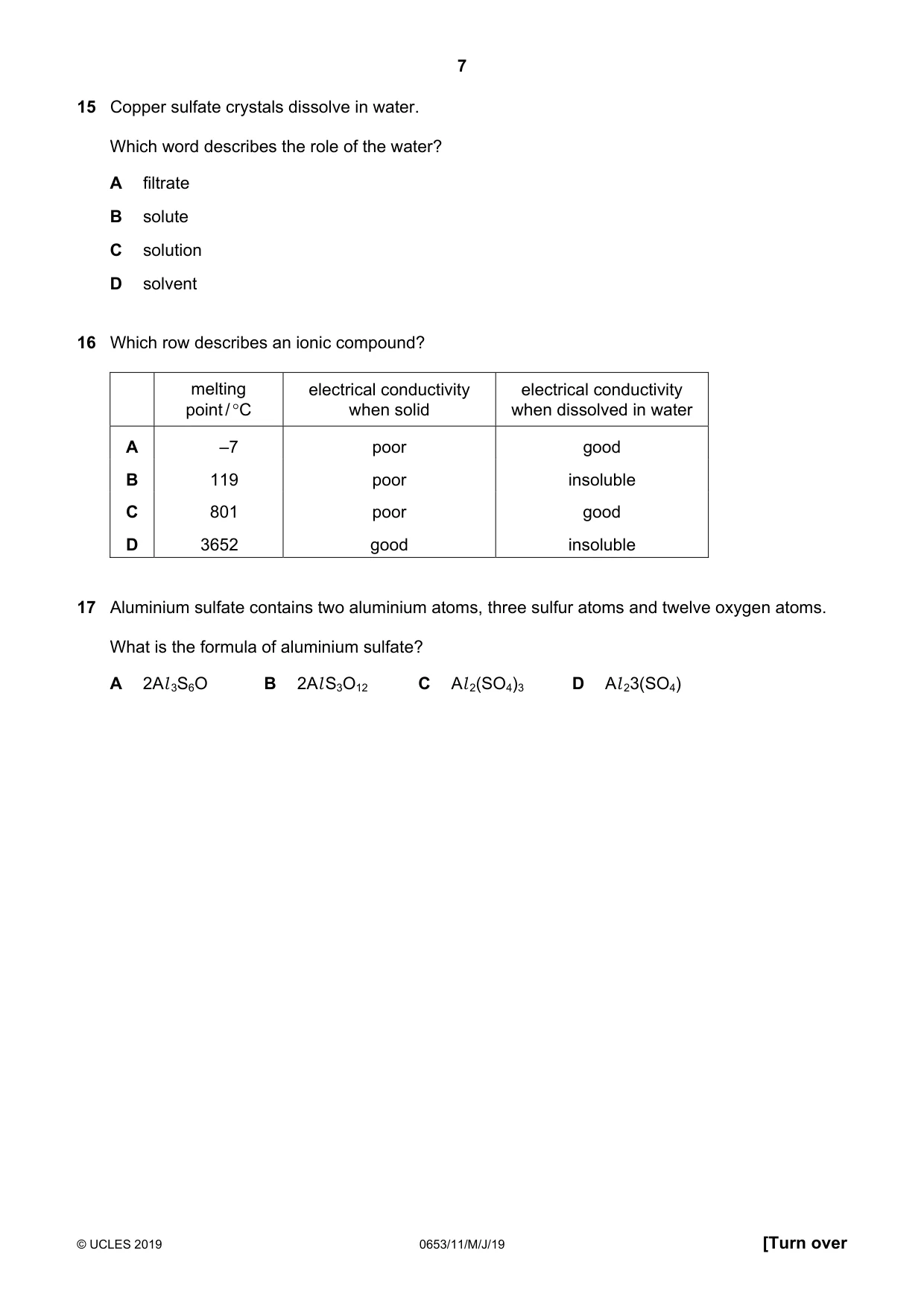 Cambridge IGCSE Science - Combined 0653 2019 May/June Paper 1 · Variant 1 question paper, page 7 of 16