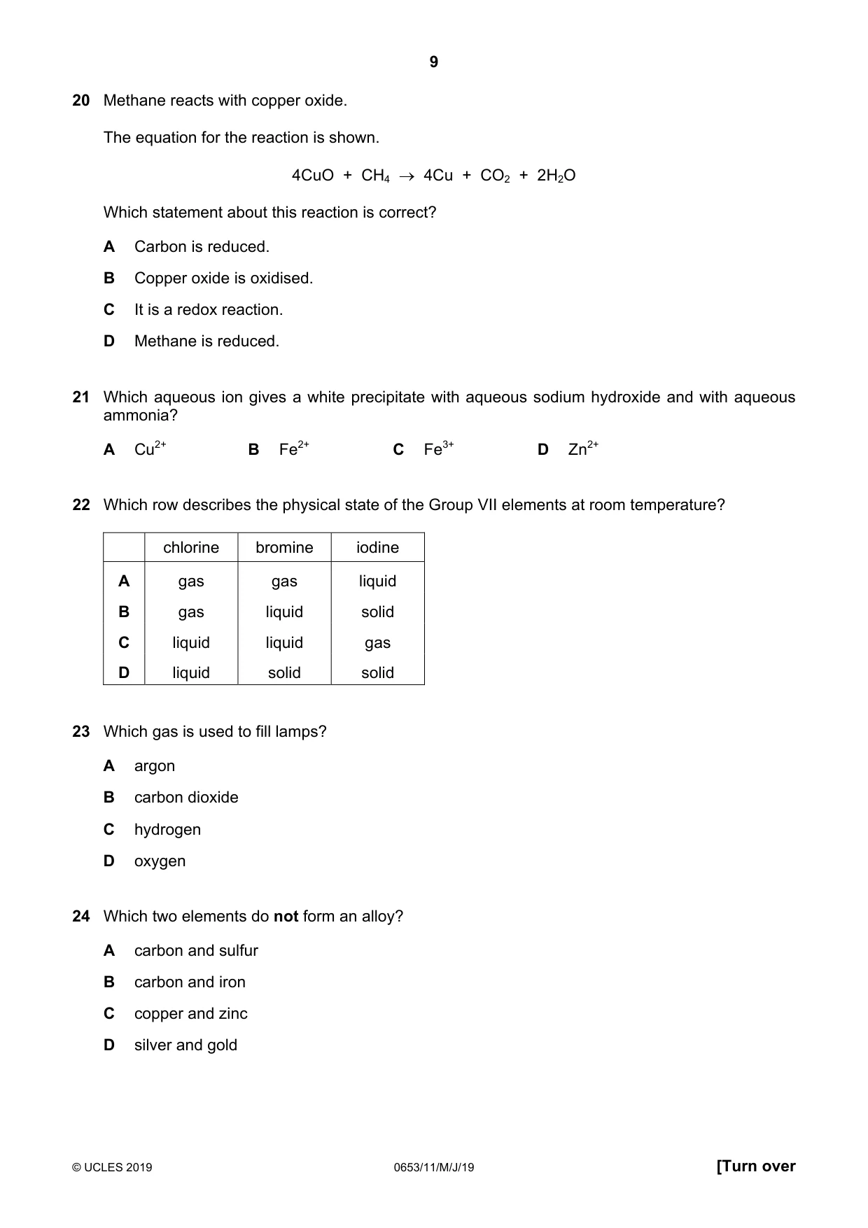 Cambridge IGCSE Science - Combined 0653 2019 May/June Paper 1 · Variant 1 question paper, page 9 of 16