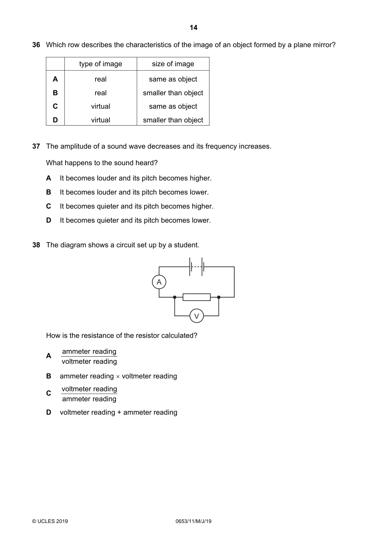 Cambridge IGCSE Science - Combined 0653 2019 May/June Paper 1 · Variant 1 question paper, page 14 of 16