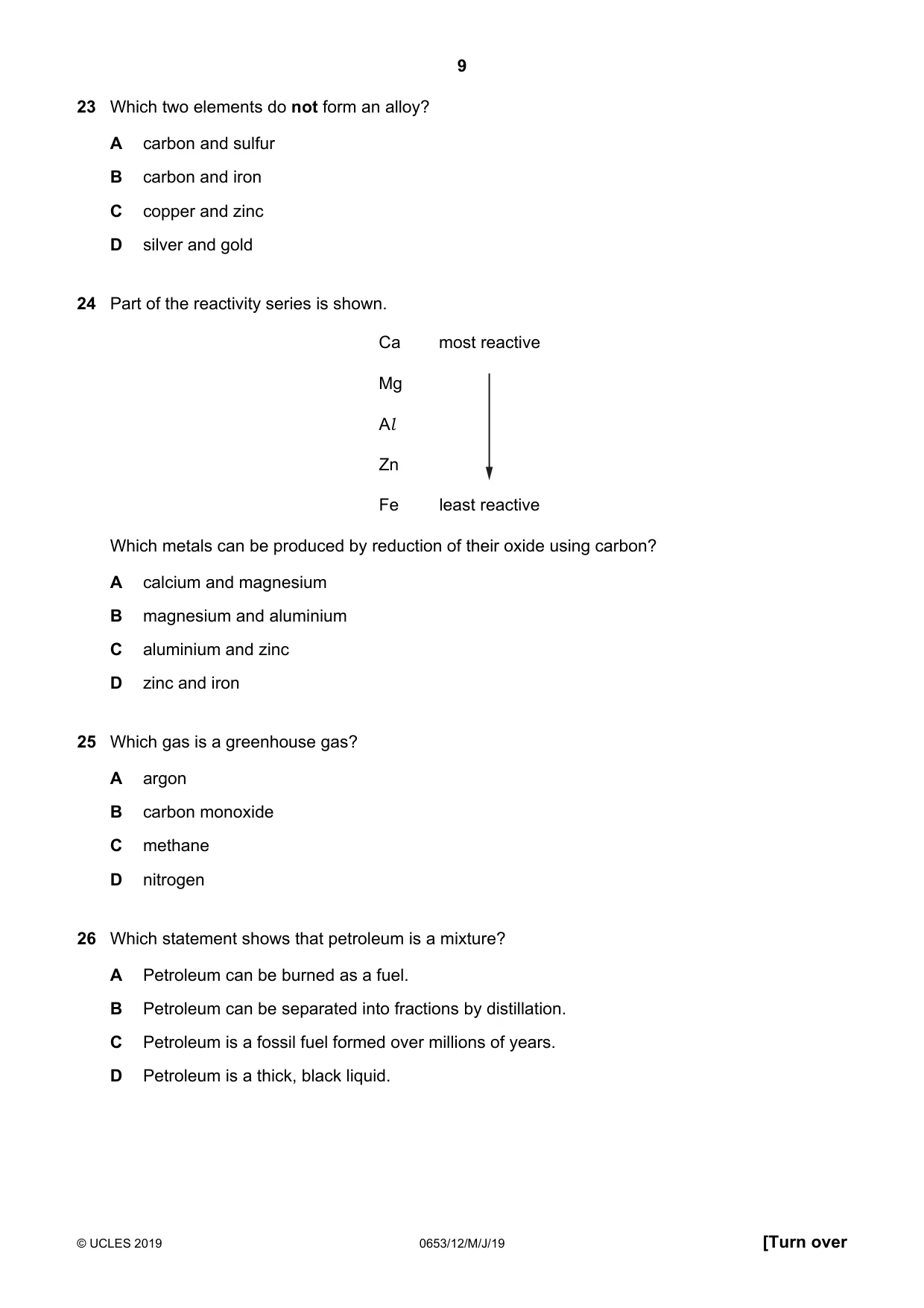 Cambridge IGCSE Science - Combined 0653 2019 May/June Paper 1 · Variant 2 question paper, page 9 of 16