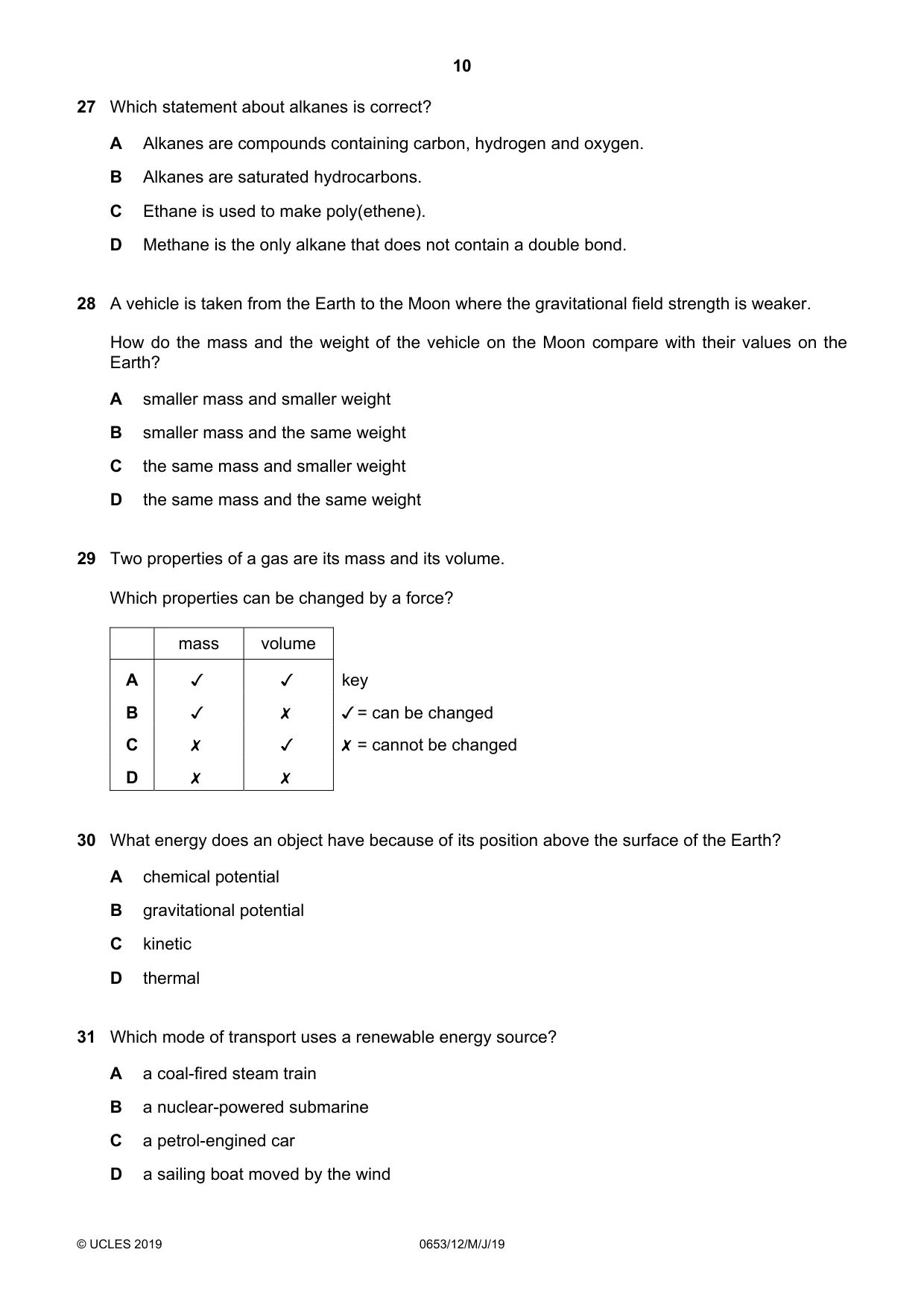 Cambridge IGCSE Science - Combined 0653 2019 May/June Paper 1 · Variant 2 question paper, page 10 of 16