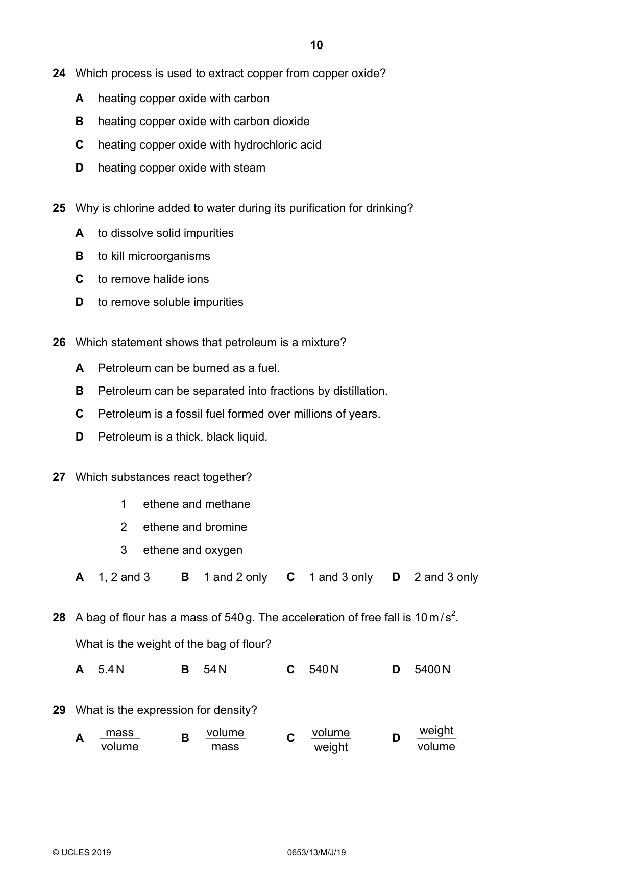Cambridge IGCSE Science - Combined 0653 2019 May/June Paper 1 · Variant 3 question paper, page 10 of 16