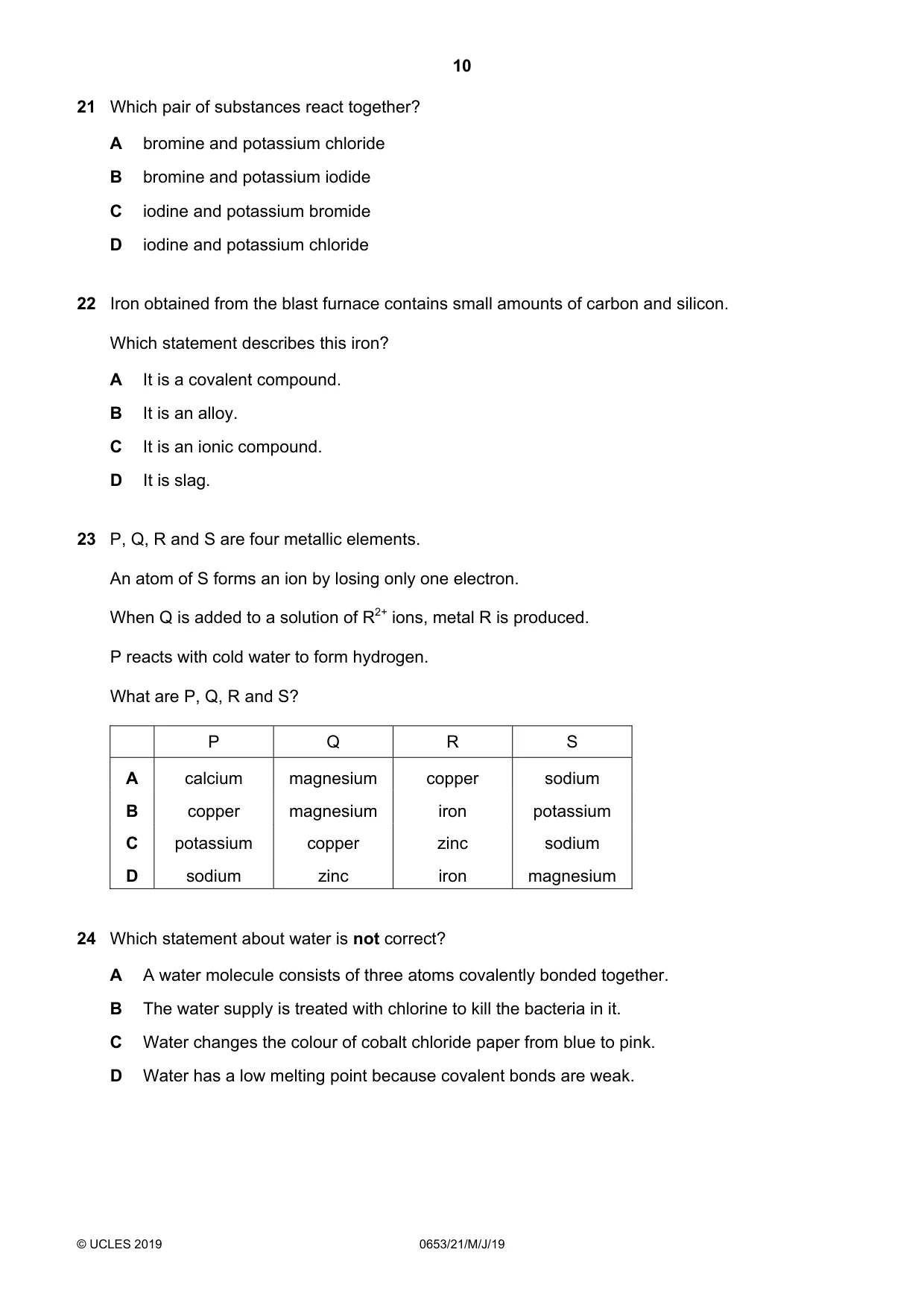 Cambridge IGCSE Science - Combined 0653 2019 May/June Paper 2 · Variant 1 question paper, page 10 of 20