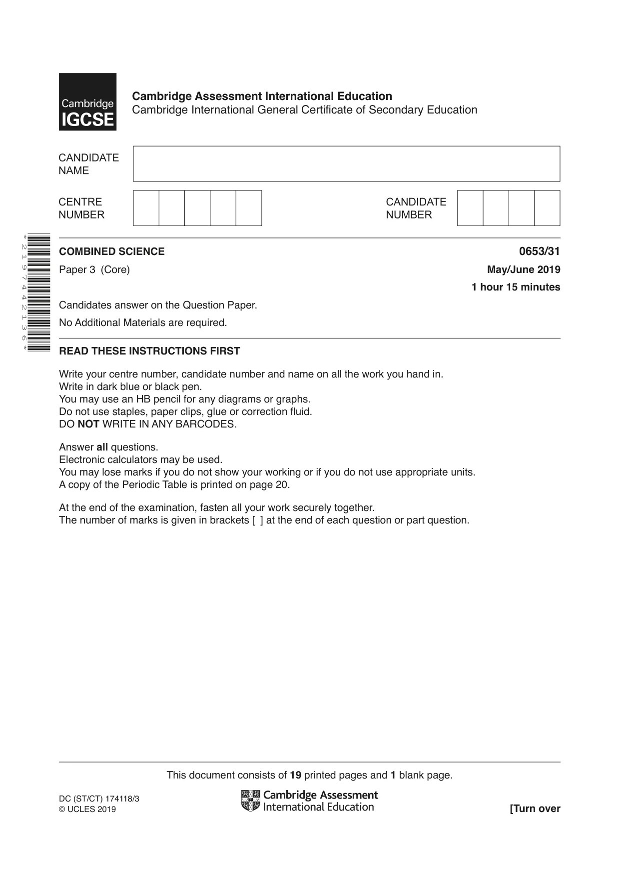 Cambridge IGCSE Science - Combined 0653 2019 May/June Paper 3 · Variant 1 question paper, page 1 of 20