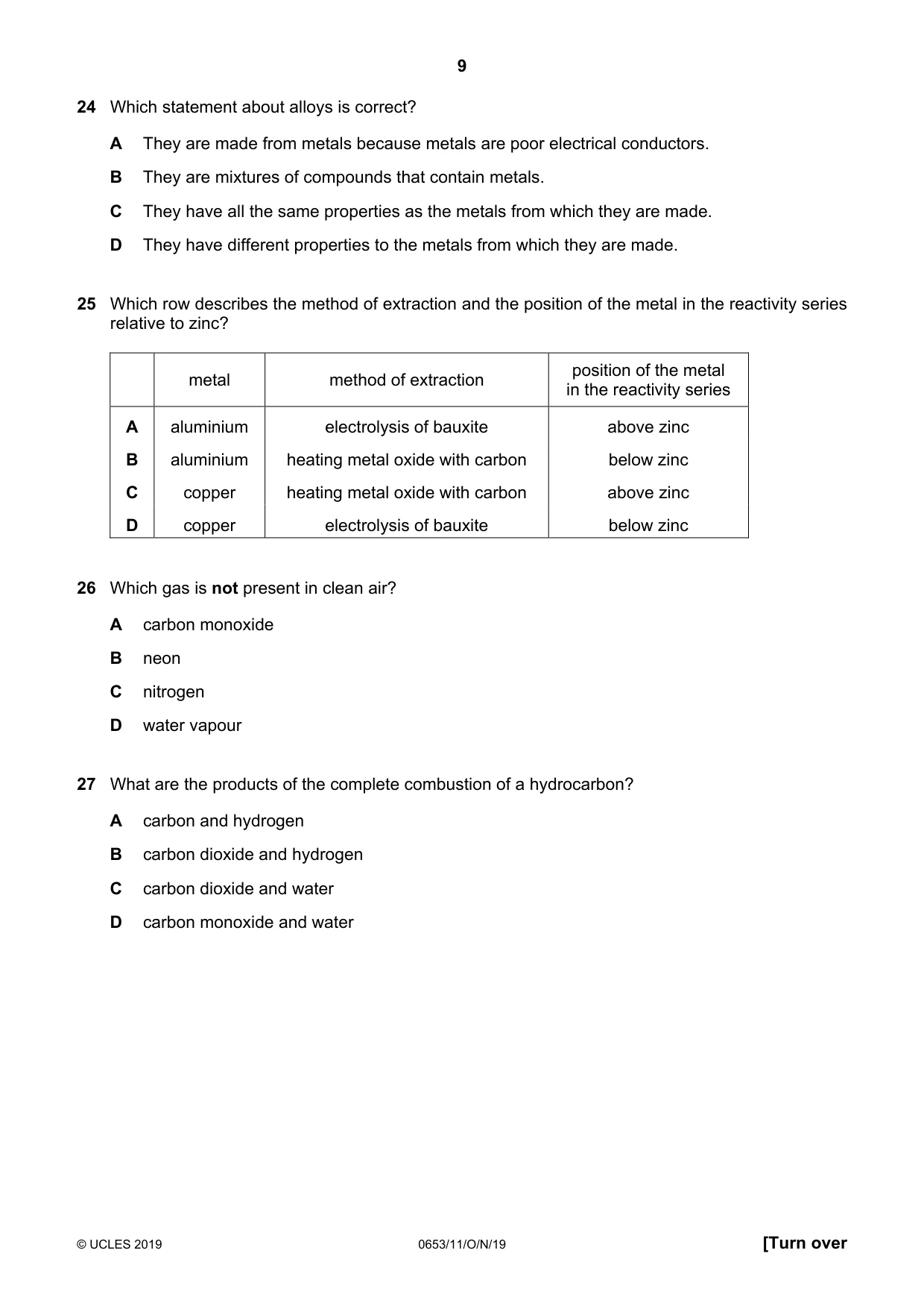 Cambridge IGCSE Science - Combined 0653 2019 Oct/Nov Paper 1 · Variant 1 question paper, page 9 of 16