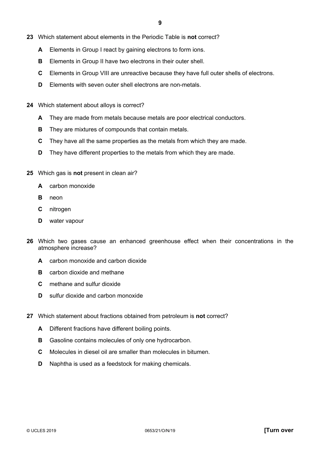 Cambridge IGCSE Science - Combined 0653 2019 Oct/Nov Paper 2 · Variant 1 question paper, page 9 of 16
