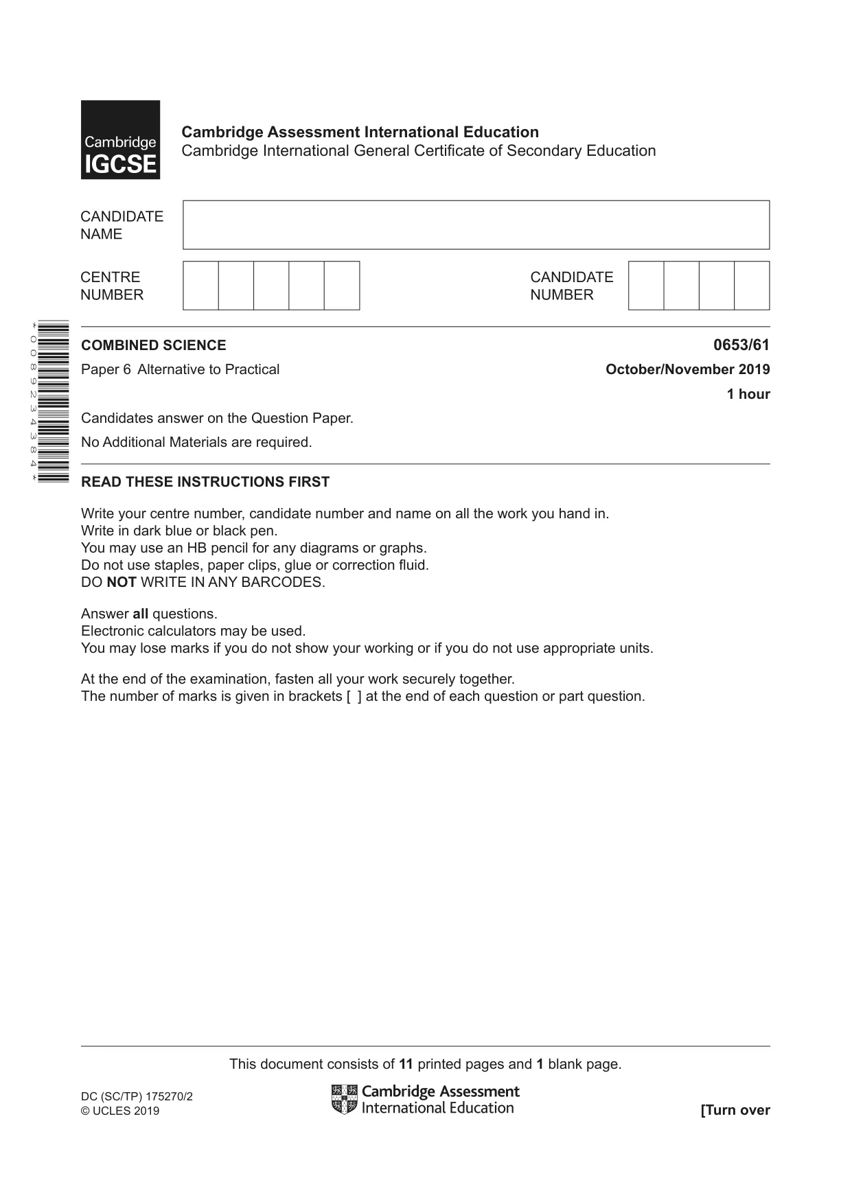Cambridge IGCSE Science - Combined 0653 2019 Oct/Nov Paper 6 · Variant 1 question paper, page 1 of 12