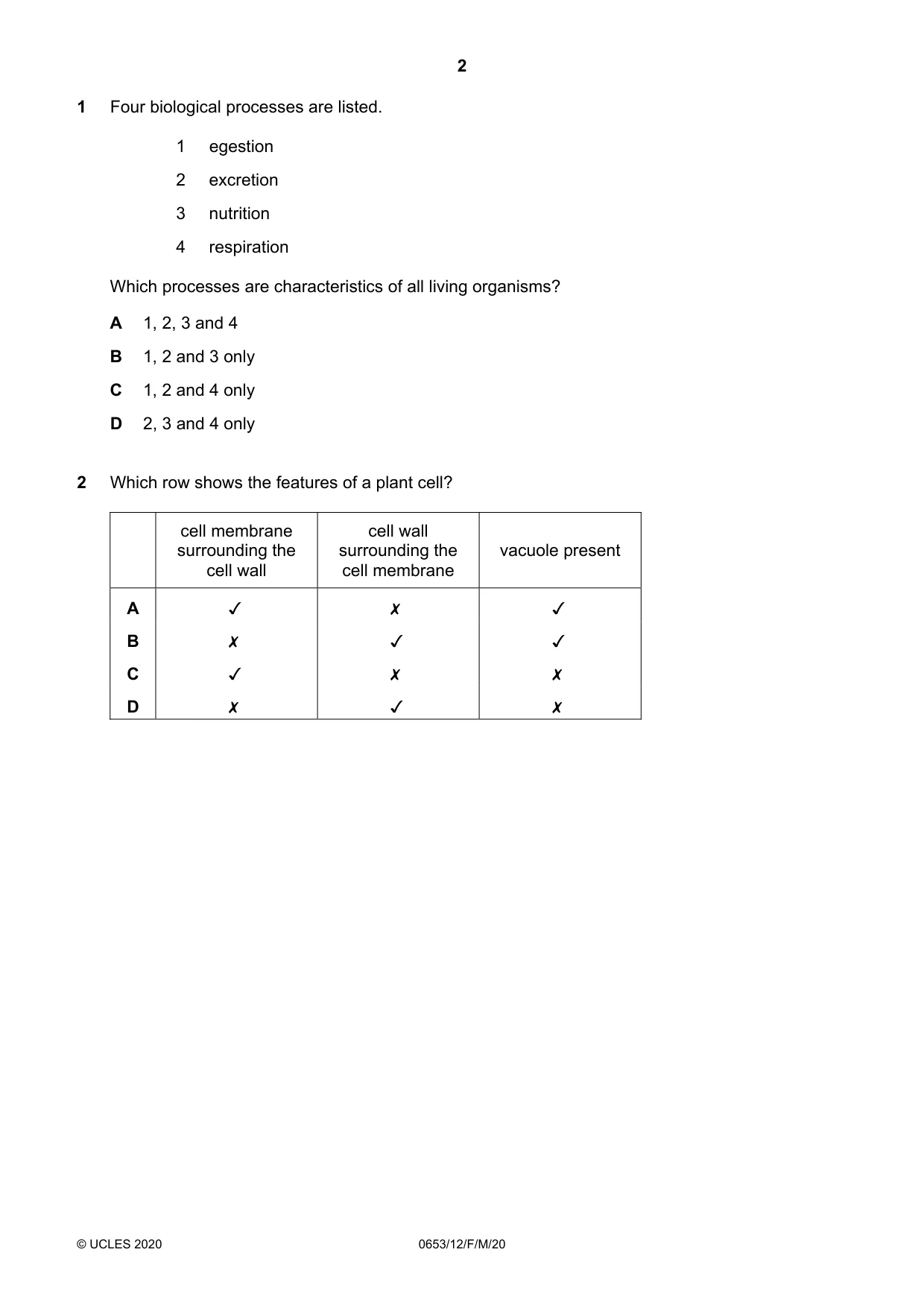 Cambridge IGCSE Science - Combined 0653 2020 Feb/March Paper 1 · Variant 2 question paper, page 2 of 16