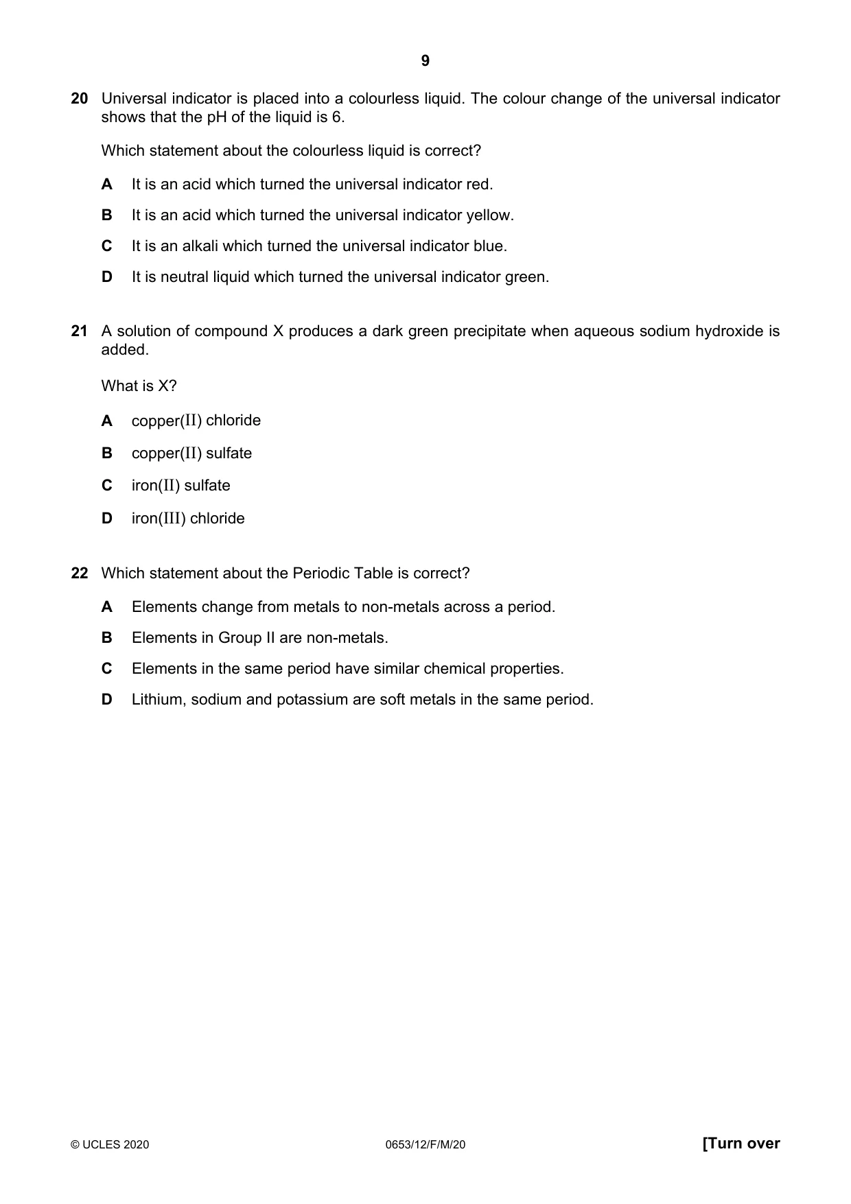 Cambridge IGCSE Science - Combined 0653 2020 Feb/March Paper 1 · Variant 2 question paper, page 9 of 16