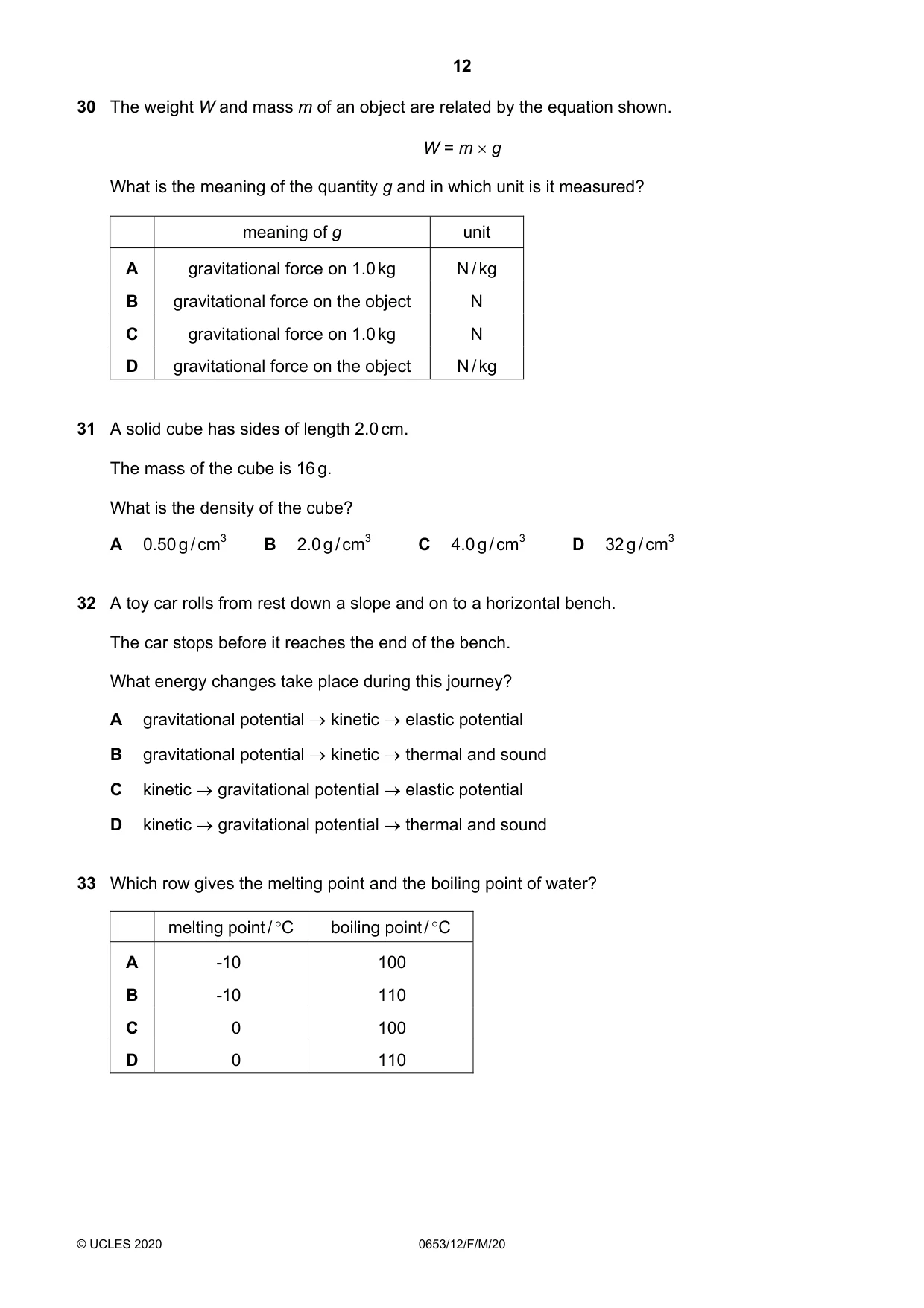 Cambridge IGCSE Science - Combined 0653 2020 Feb/March Paper 1 · Variant 2 question paper, page 12 of 16