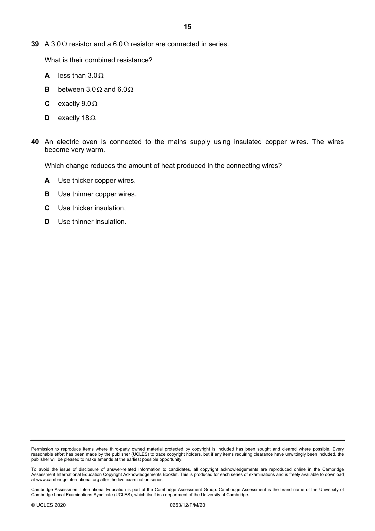 Cambridge IGCSE Science - Combined 0653 2020 Feb/March Paper 1 · Variant 2 question paper, page 15 of 16