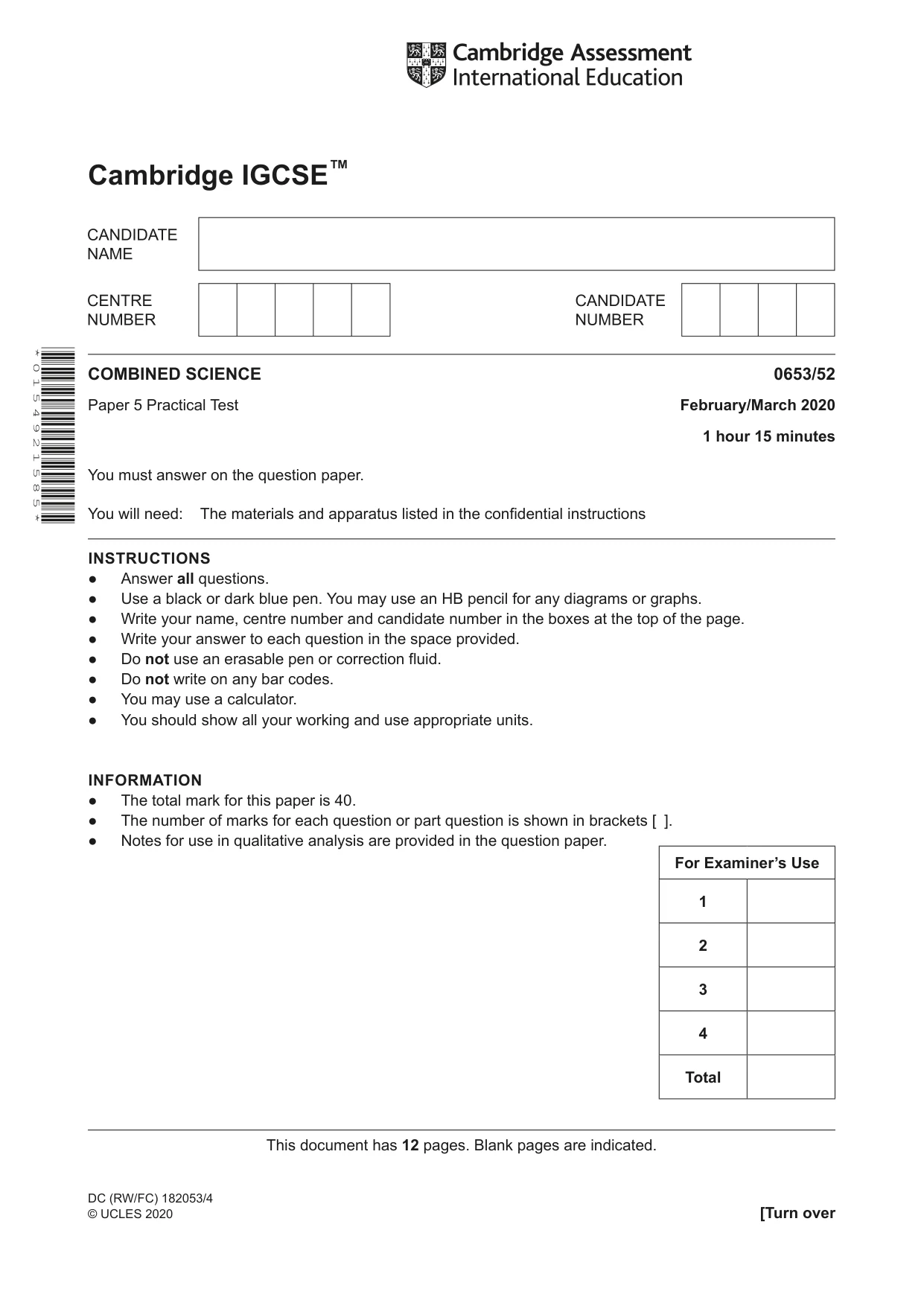 Cambridge IGCSE Science - Combined 0653 2020 Feb/March Paper 5 · Variant 2 question paper, page 1 of 12