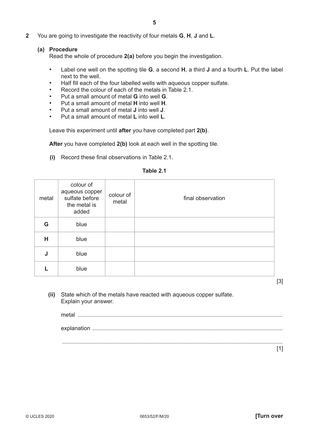 Cambridge IGCSE Science - Combined 0653 2020 Feb/March Paper 5 · Variant 2 question paper, page 5 of 12