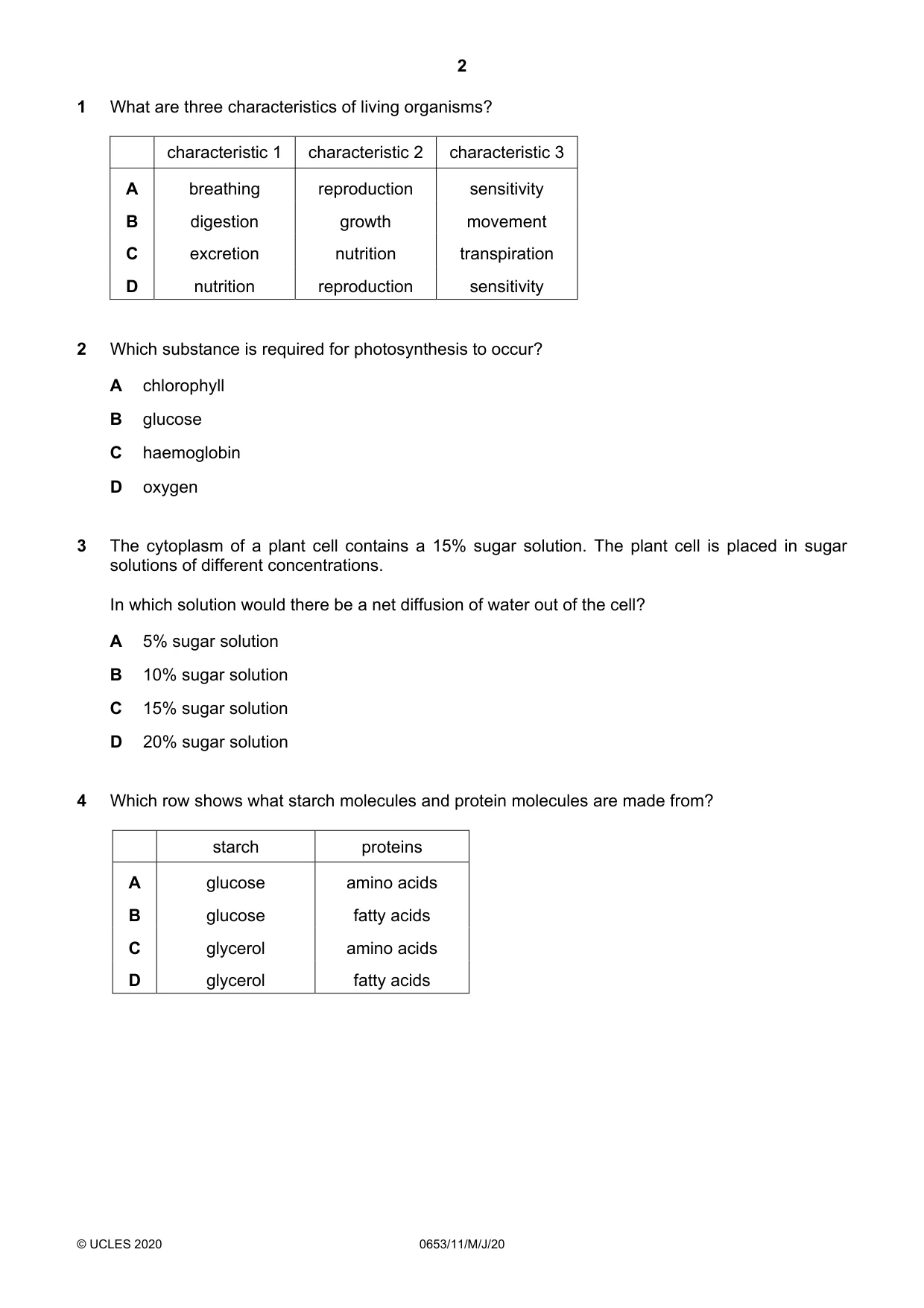 Cambridge IGCSE Science - Combined 0653 2020 May/June Paper 1 · Variant 1 question paper, page 2 of 16