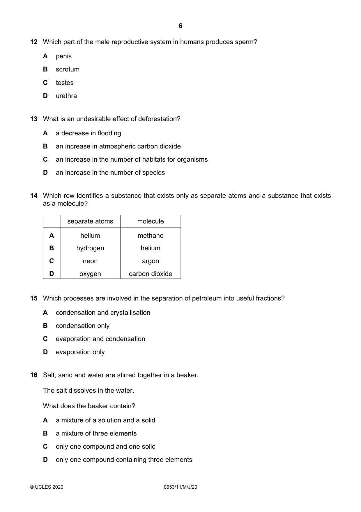 Cambridge IGCSE Science - Combined 0653 2020 May/June Paper 1 · Variant 1 question paper, page 6 of 16