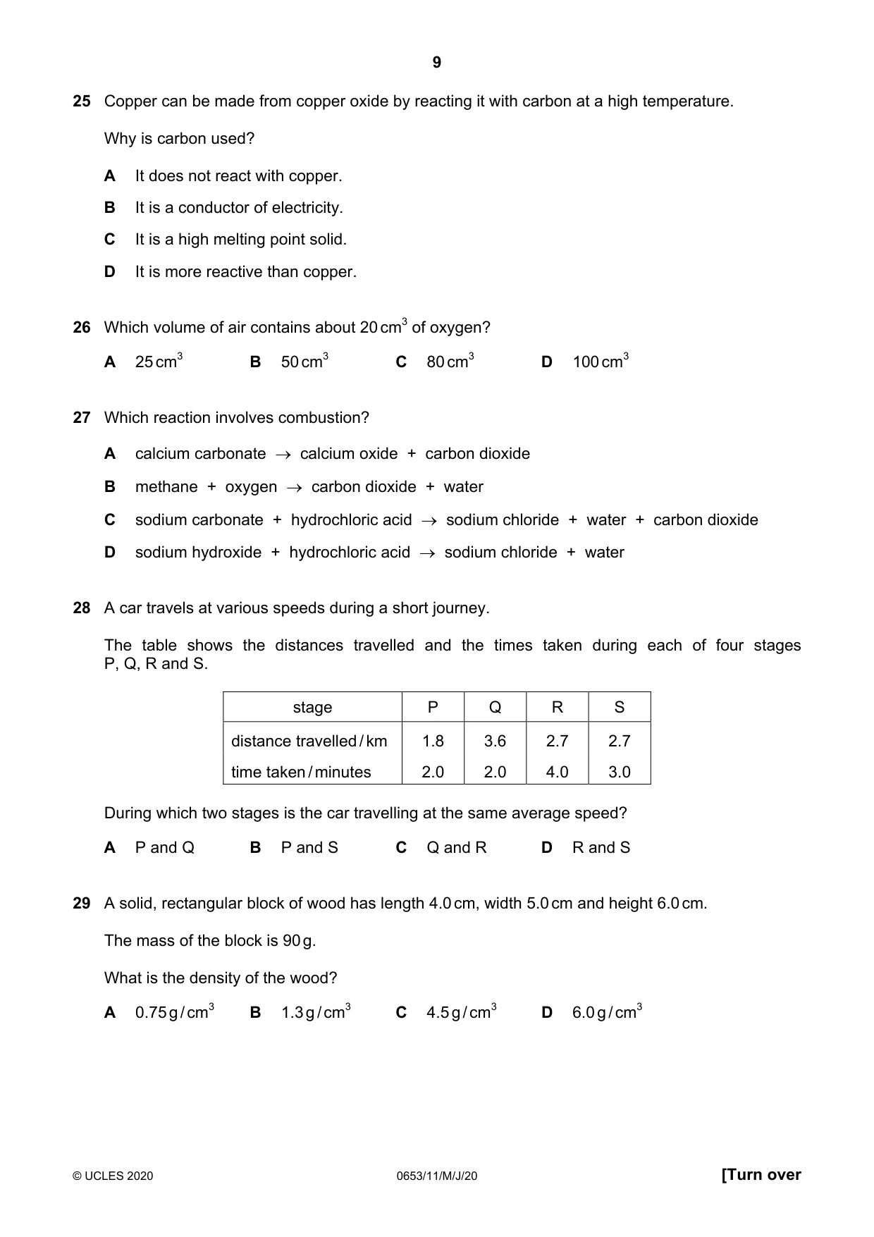 Cambridge IGCSE Science - Combined 0653 2020 May/June Paper 1 · Variant 1 question paper, page 9 of 16