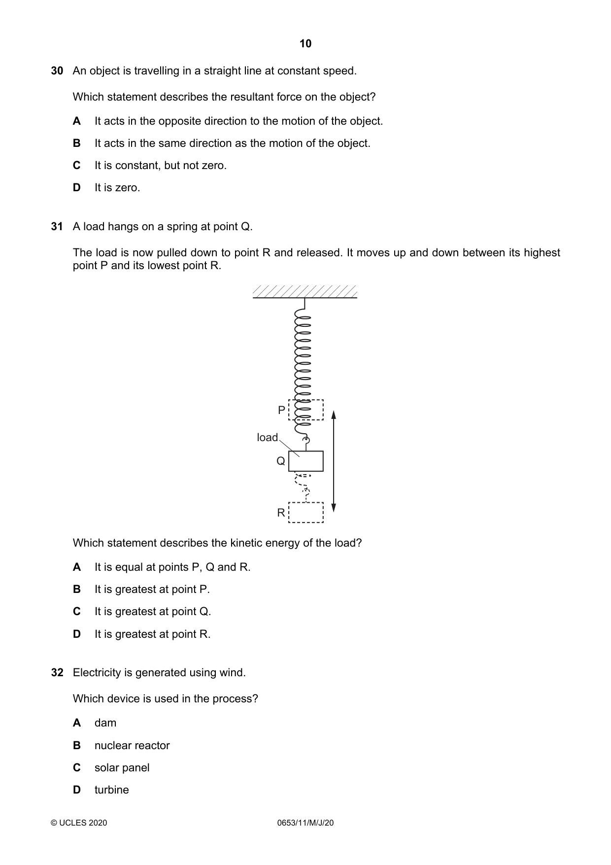 Cambridge IGCSE Science - Combined 0653 2020 May/June Paper 1 · Variant 1 question paper, page 10 of 16