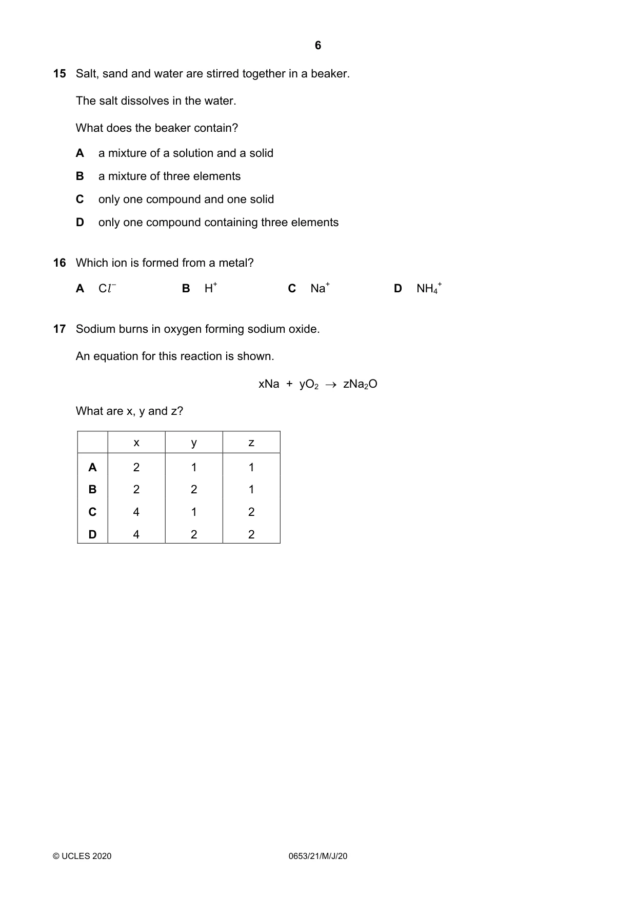 Cambridge IGCSE Science - Combined 0653 2020 May/June Paper 2 · Variant 1 question paper, page 6 of 16