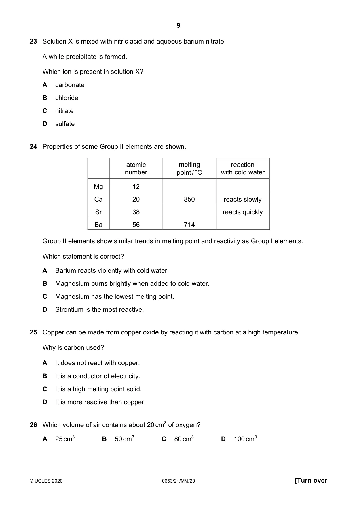 Cambridge IGCSE Science - Combined 0653 2020 May/June Paper 2 · Variant 1 question paper, page 9 of 16