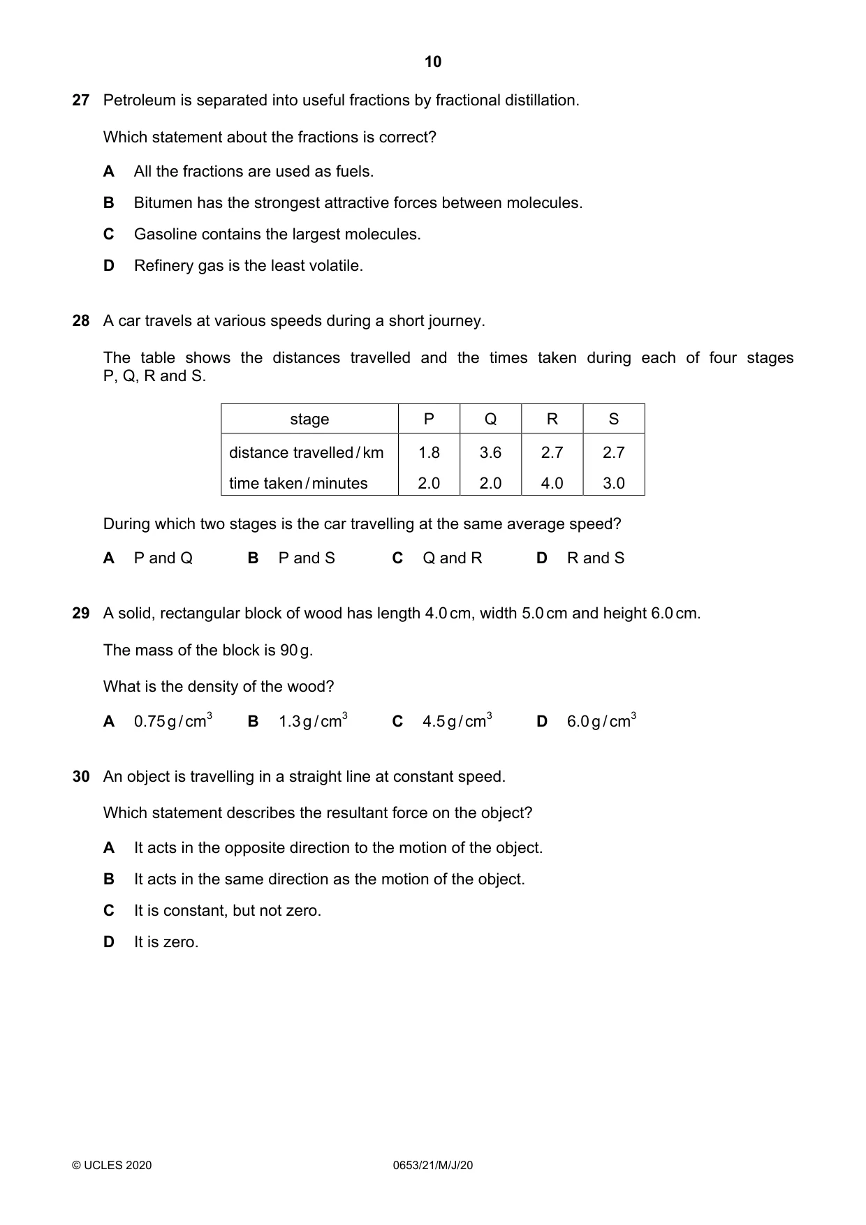 Cambridge IGCSE Science - Combined 0653 2020 May/June Paper 2 · Variant 1 question paper, page 10 of 16