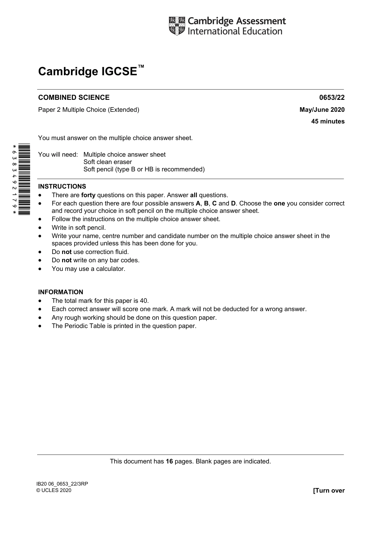 Cambridge IGCSE Science - Combined 0653 2020 May/June Paper 2 · Variant 2 question paper, page 1 of 16