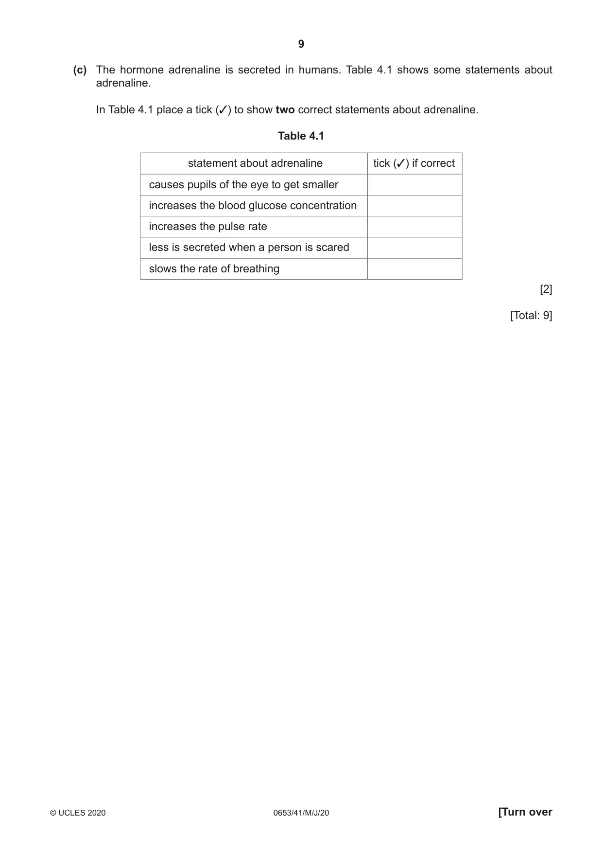 Cambridge IGCSE Science - Combined 0653 2020 May/June Paper 4 · Variant 1 question paper, page 9 of 20