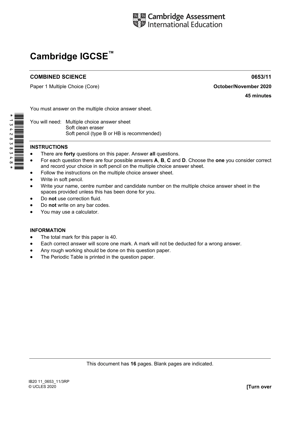 Cambridge IGCSE Science - Combined 0653 2020 Oct/Nov Paper 1 · Variant 1 question paper, page 1 of 16