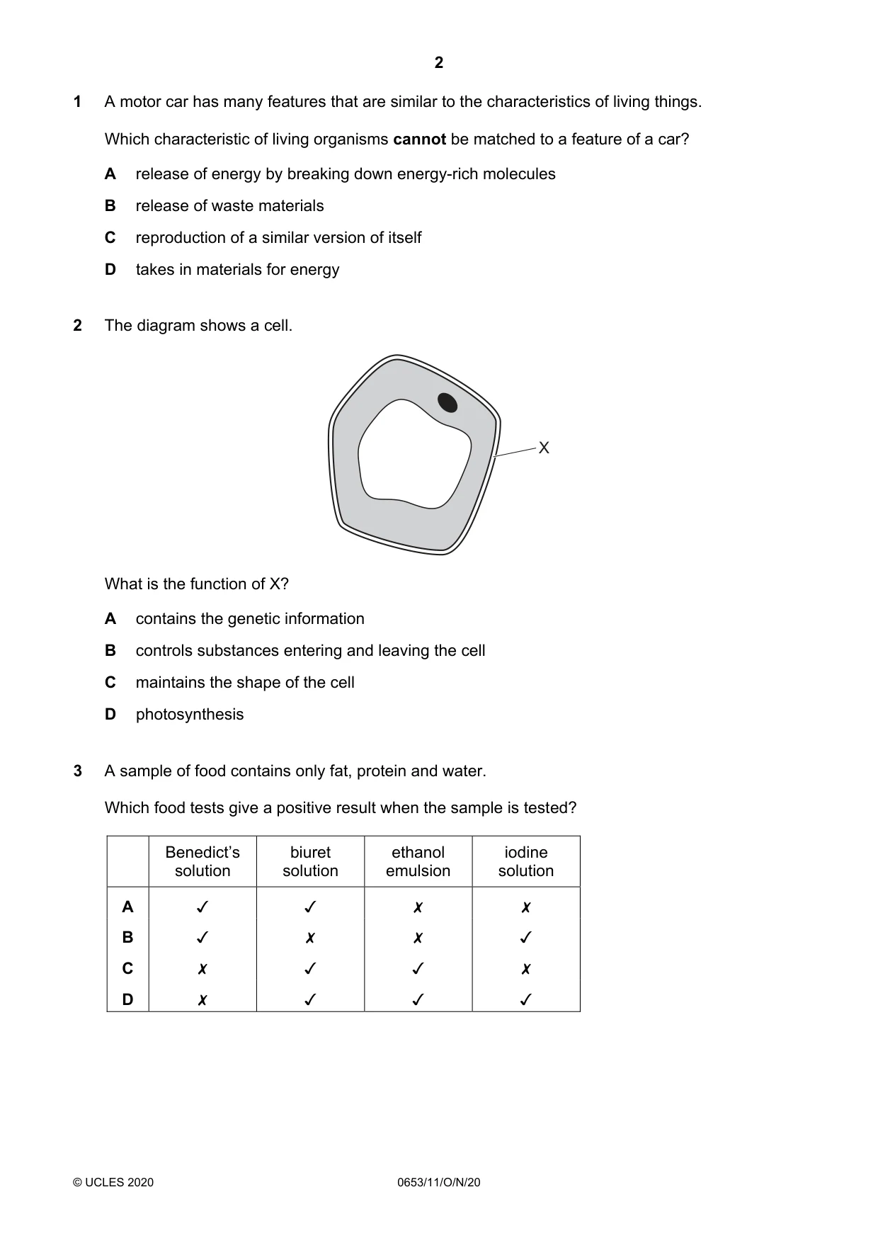 Cambridge IGCSE Science - Combined 0653 2020 Oct/Nov Paper 1 · Variant 1 question paper, page 2 of 16