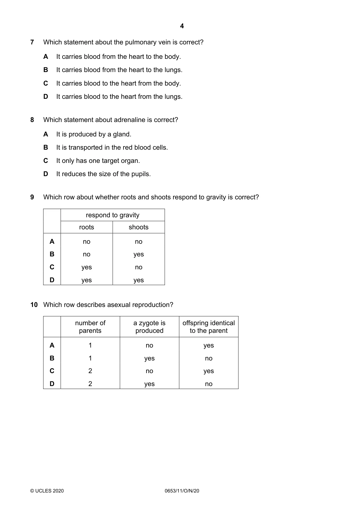 Cambridge IGCSE Science - Combined 0653 2020 Oct/Nov Paper 1 · Variant 1 question paper, page 4 of 16