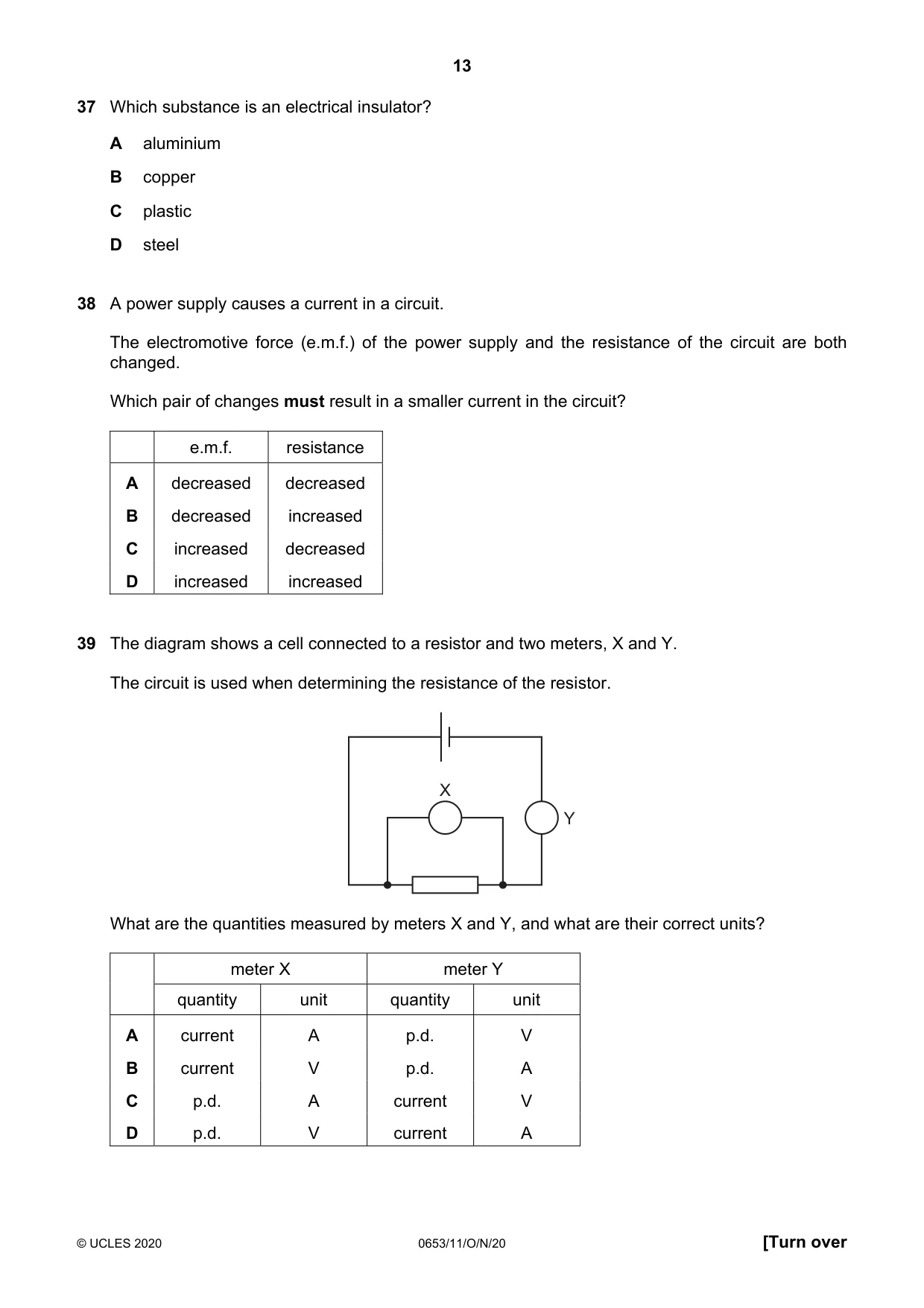 Cambridge IGCSE Science - Combined 0653 2020 Oct/Nov Paper 1 · Variant 1 question paper, page 13 of 16