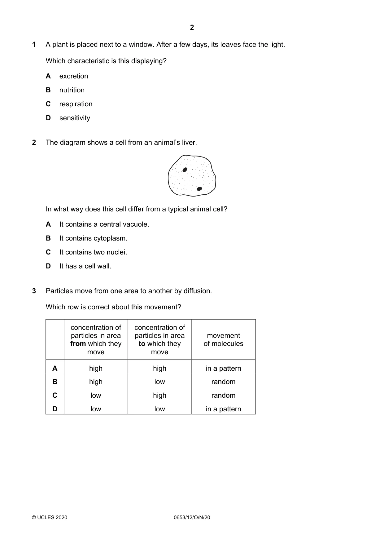 Cambridge IGCSE Science - Combined 0653 2020 Oct/Nov Paper 1 · Variant 2 question paper, page 2 of 16