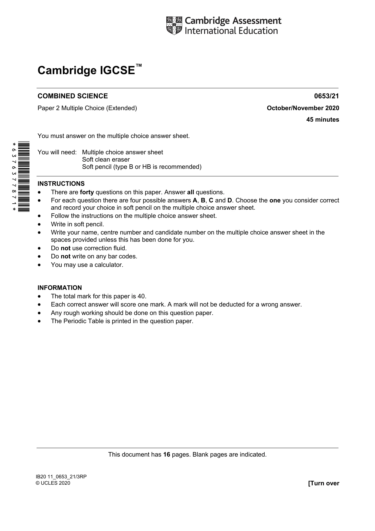 Cambridge IGCSE Science - Combined 0653 2020 Oct/Nov Paper 2 · Variant 1 question paper, page 1 of 16