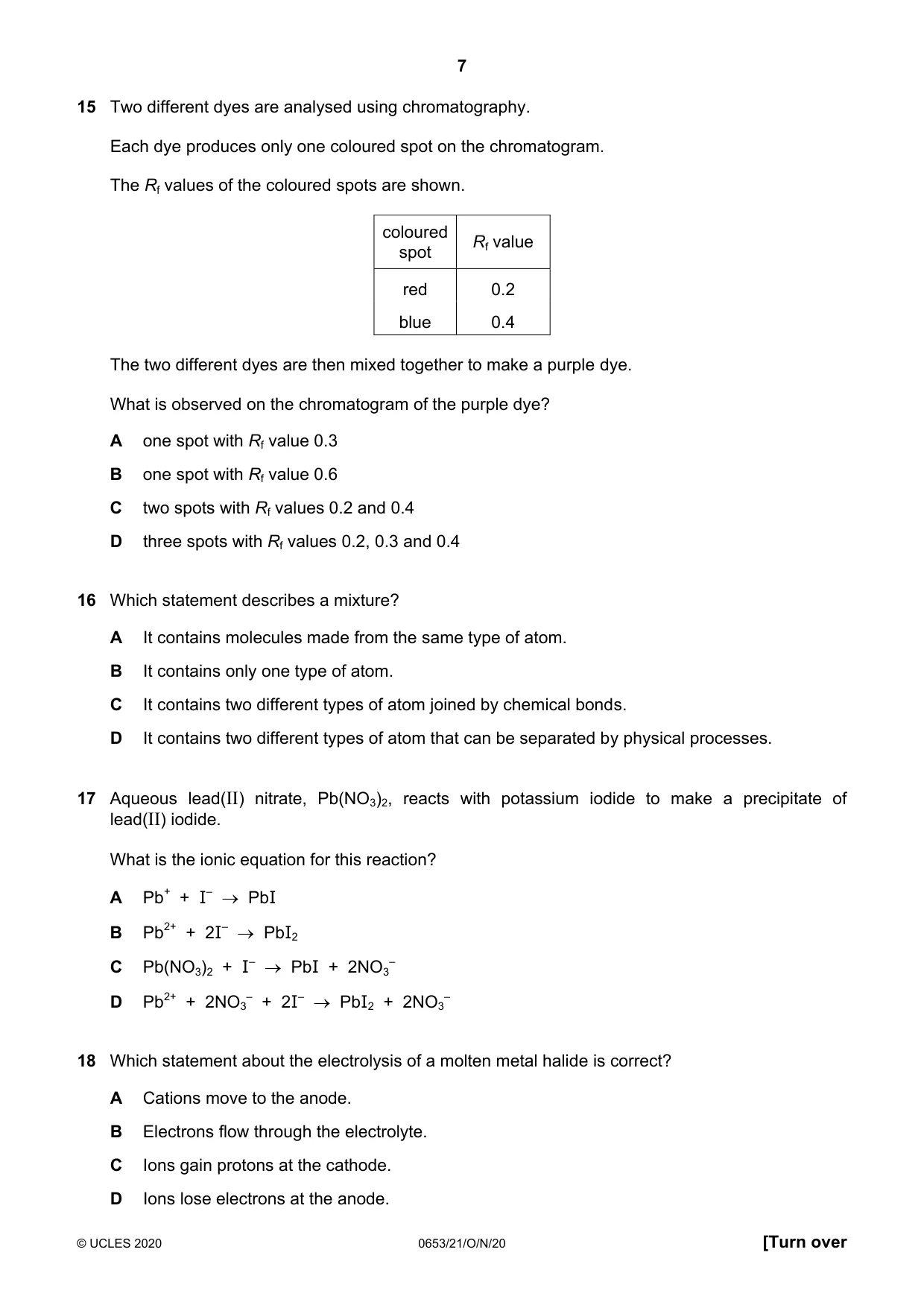 Cambridge IGCSE Science - Combined 0653 2020 Oct/Nov Paper 2 · Variant 1 question paper, page 7 of 16
