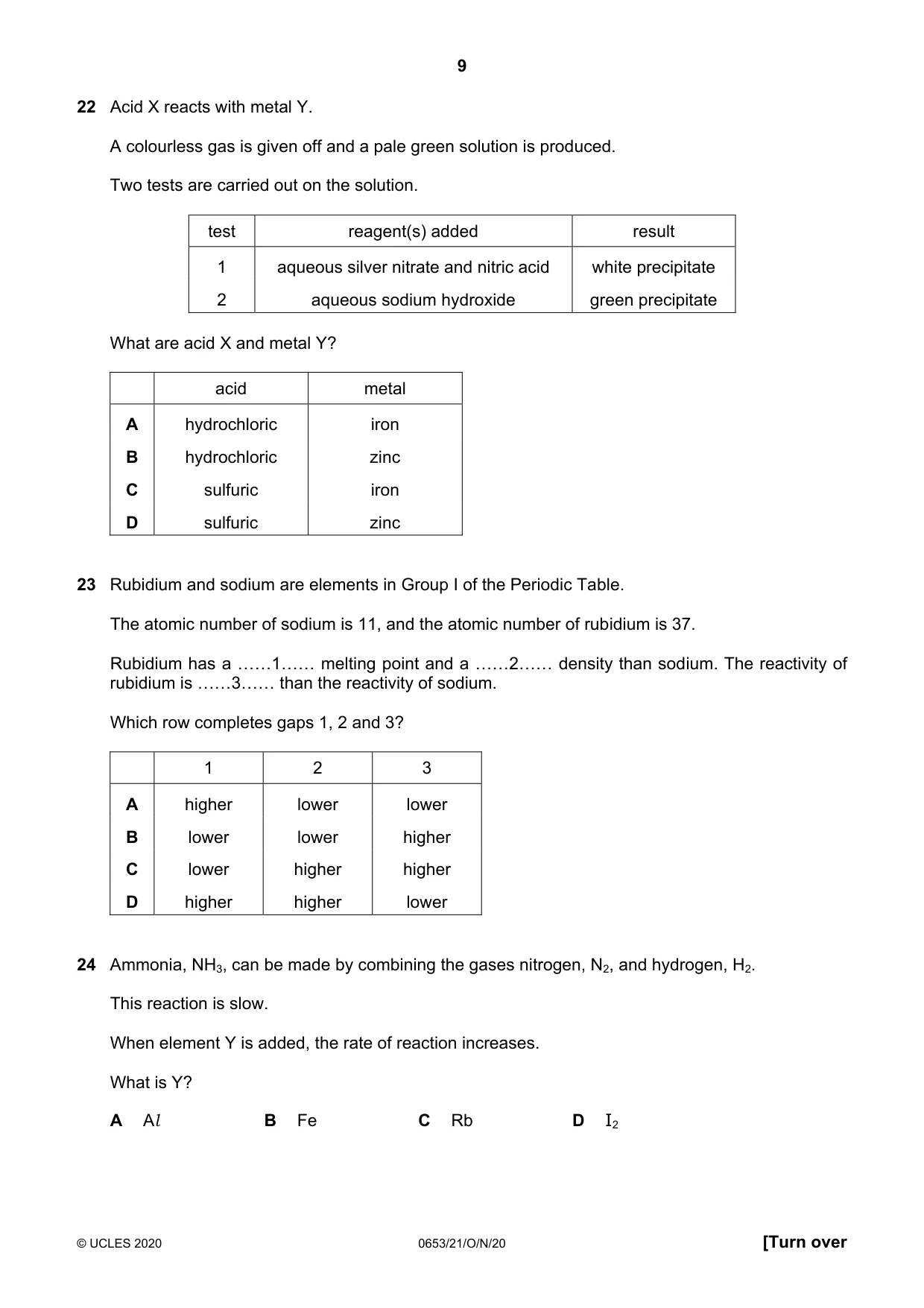 Cambridge IGCSE Science - Combined 0653 2020 Oct/Nov Paper 2 · Variant 1 question paper, page 9 of 16