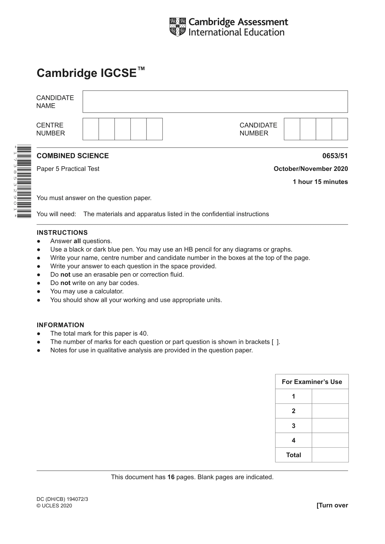 Cambridge IGCSE Science - Combined 0653 2020 Oct/Nov Paper 5 · Variant 1 question paper, page 1 of 16