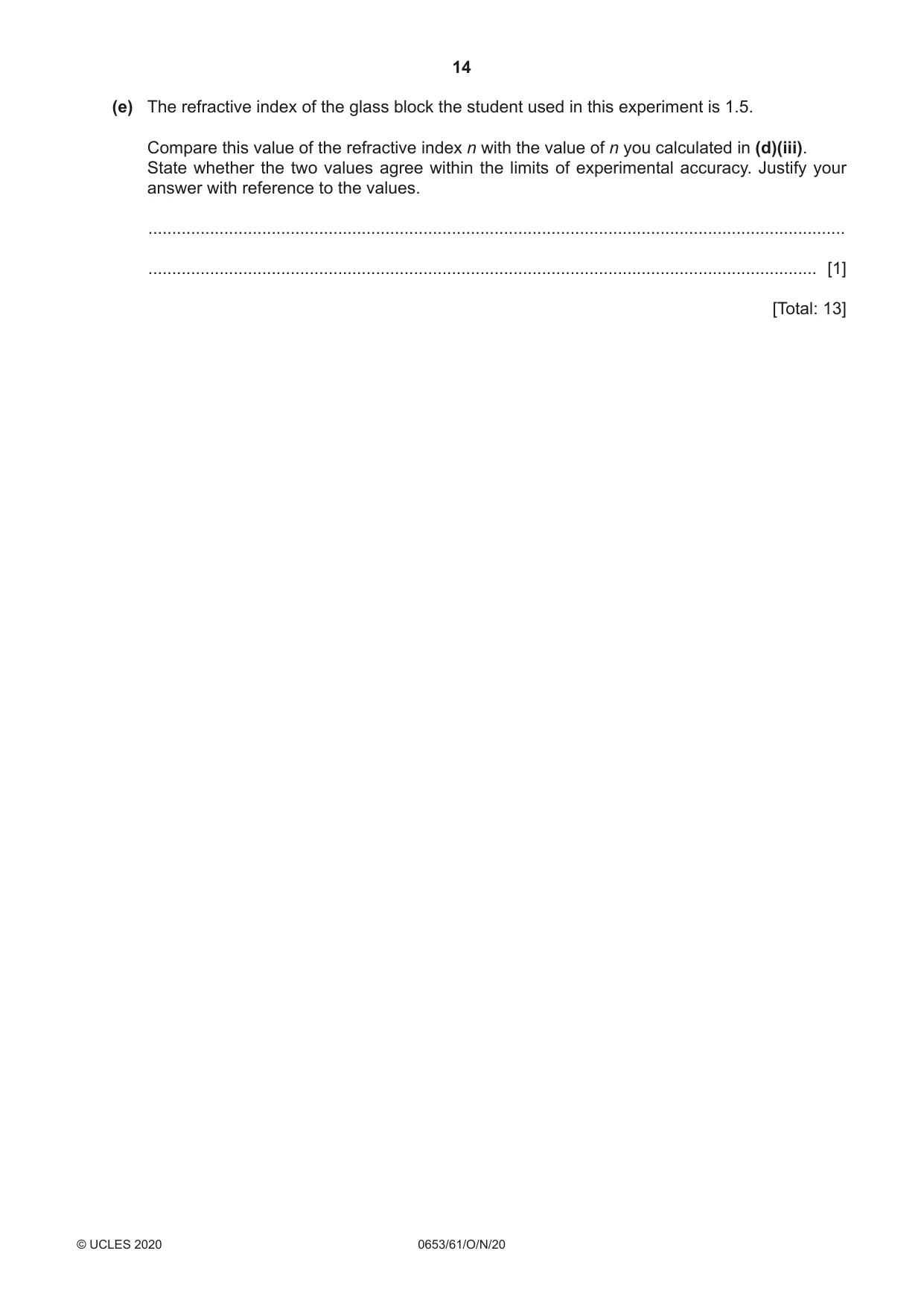 Cambridge IGCSE Science - Combined 0653 2020 Oct/Nov Paper 6 · Variant 1 question paper, page 14 of 16
