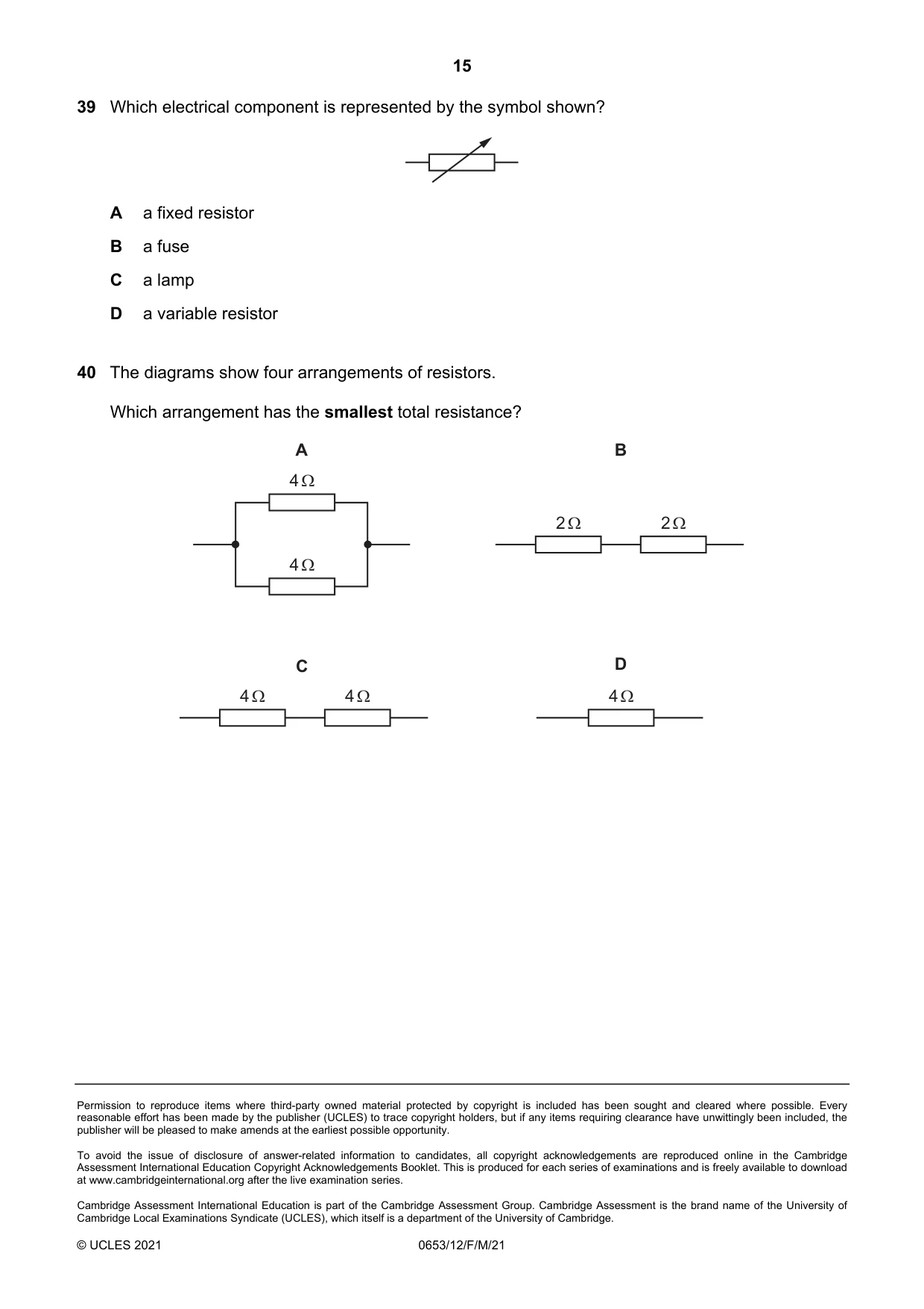 Cambridge IGCSE Science - Combined 0653 2021 Feb/March Paper 1 · Variant 2 question paper, page 15 of 16