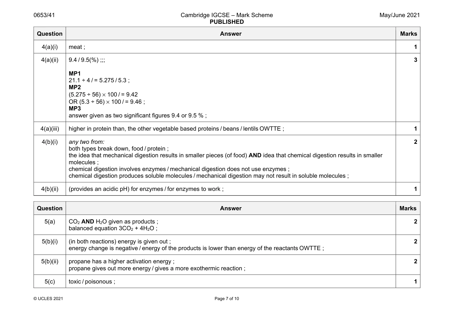 Mark scheme, page 7 of 10