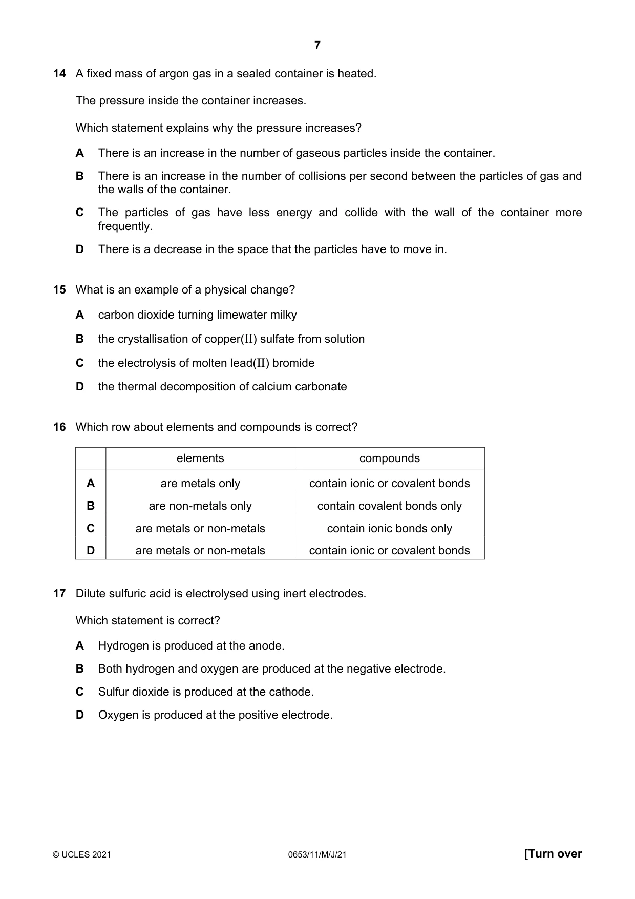 Cambridge IGCSE Science - Combined 0653 2021 May/June Paper 1 · Variant 1 question paper, page 7 of 16