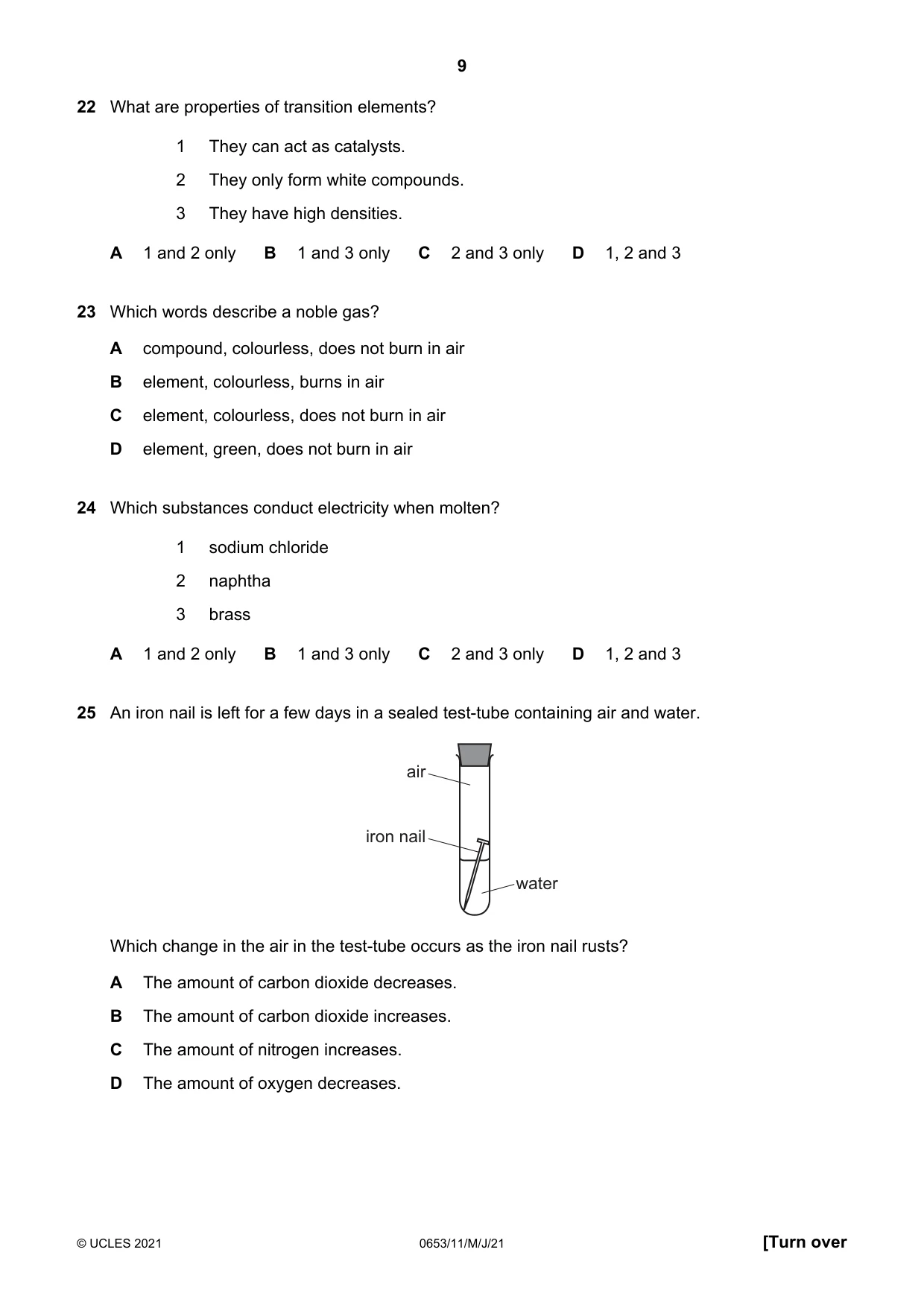 Cambridge IGCSE Science - Combined 0653 2021 May/June Paper 1 · Variant 1 question paper, page 9 of 16